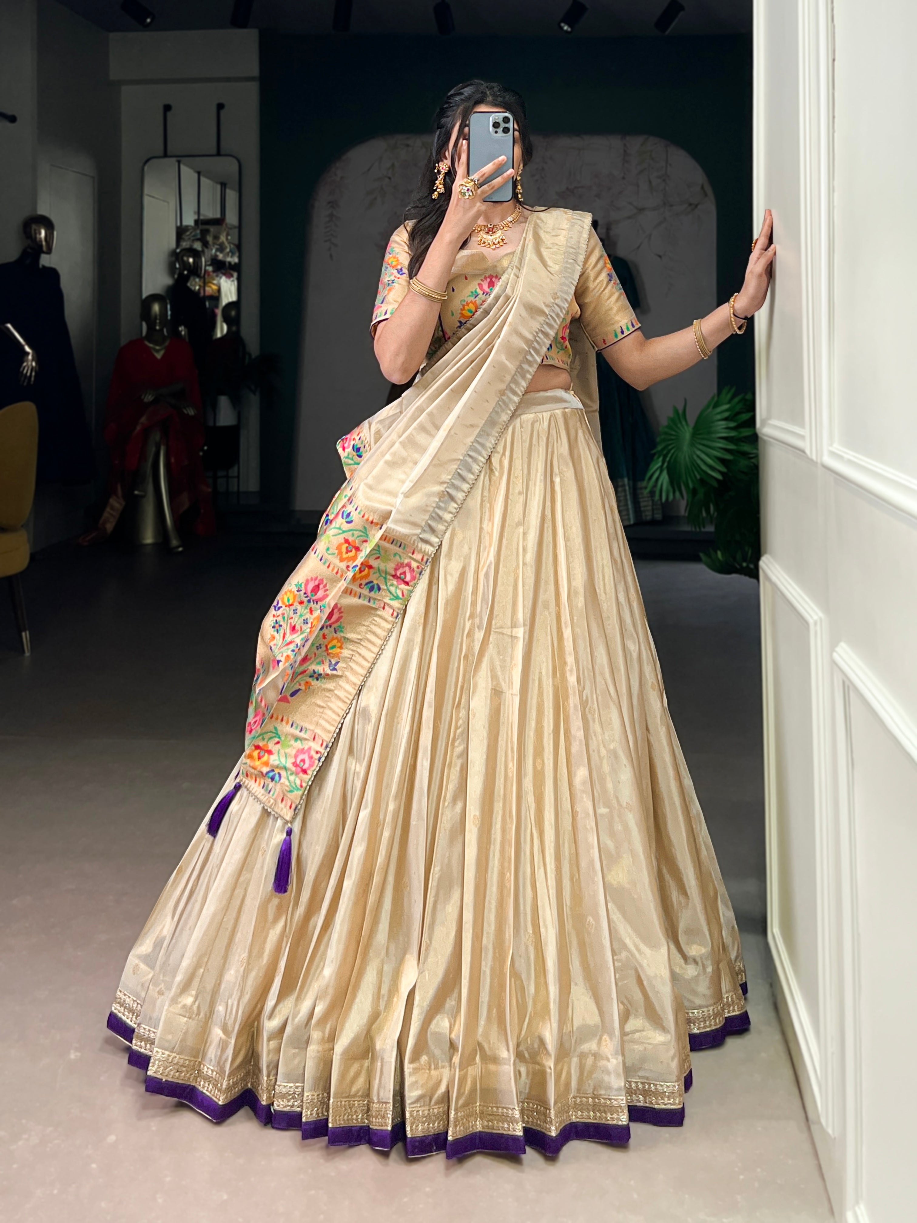 Kalyani cream shimmer Paithani zari weaving lehenga choli with purple border and dupatta