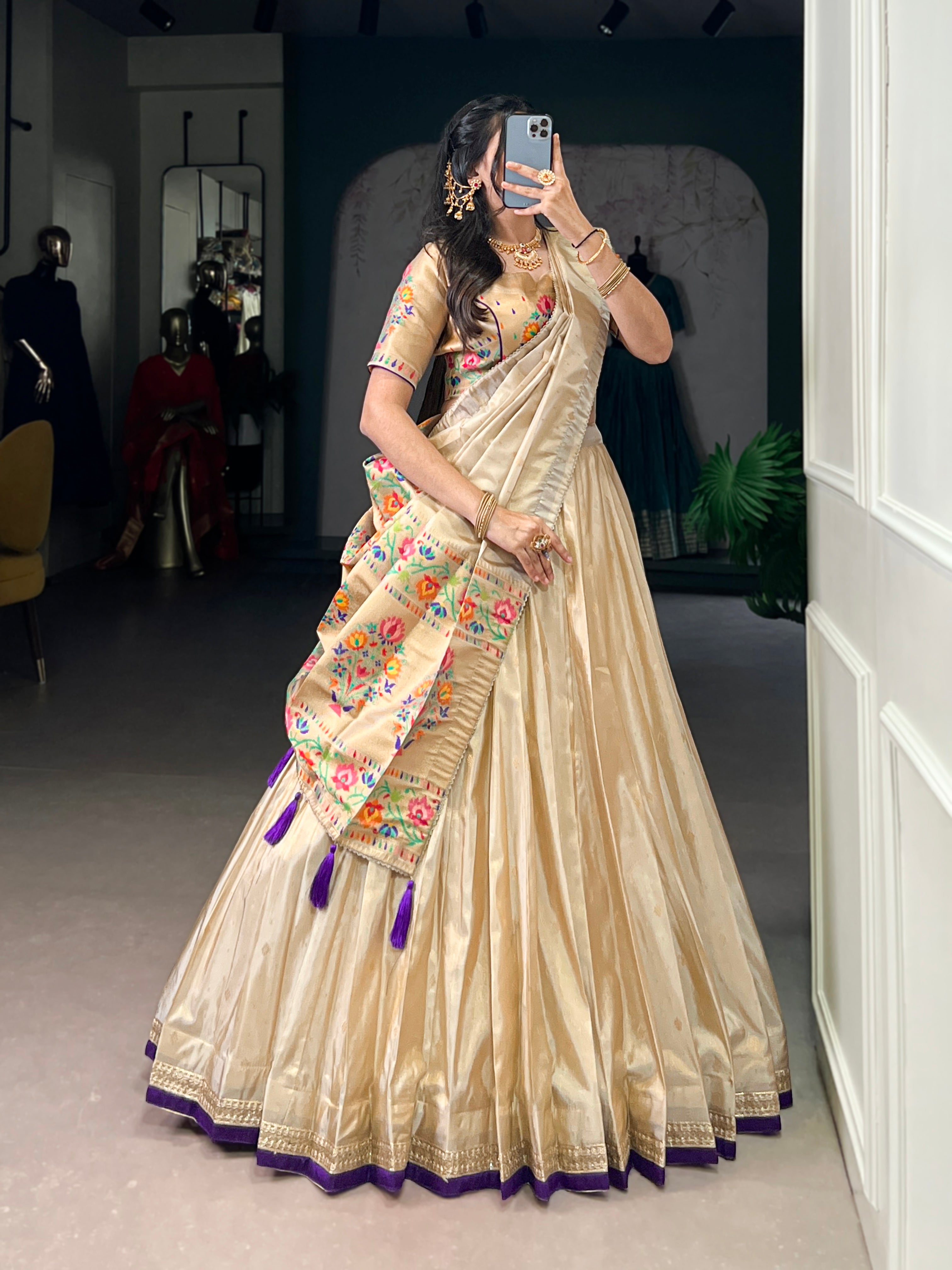 Kalyani cream shimmer Paithani zari weaving lehenga choli with purple border and dupatta