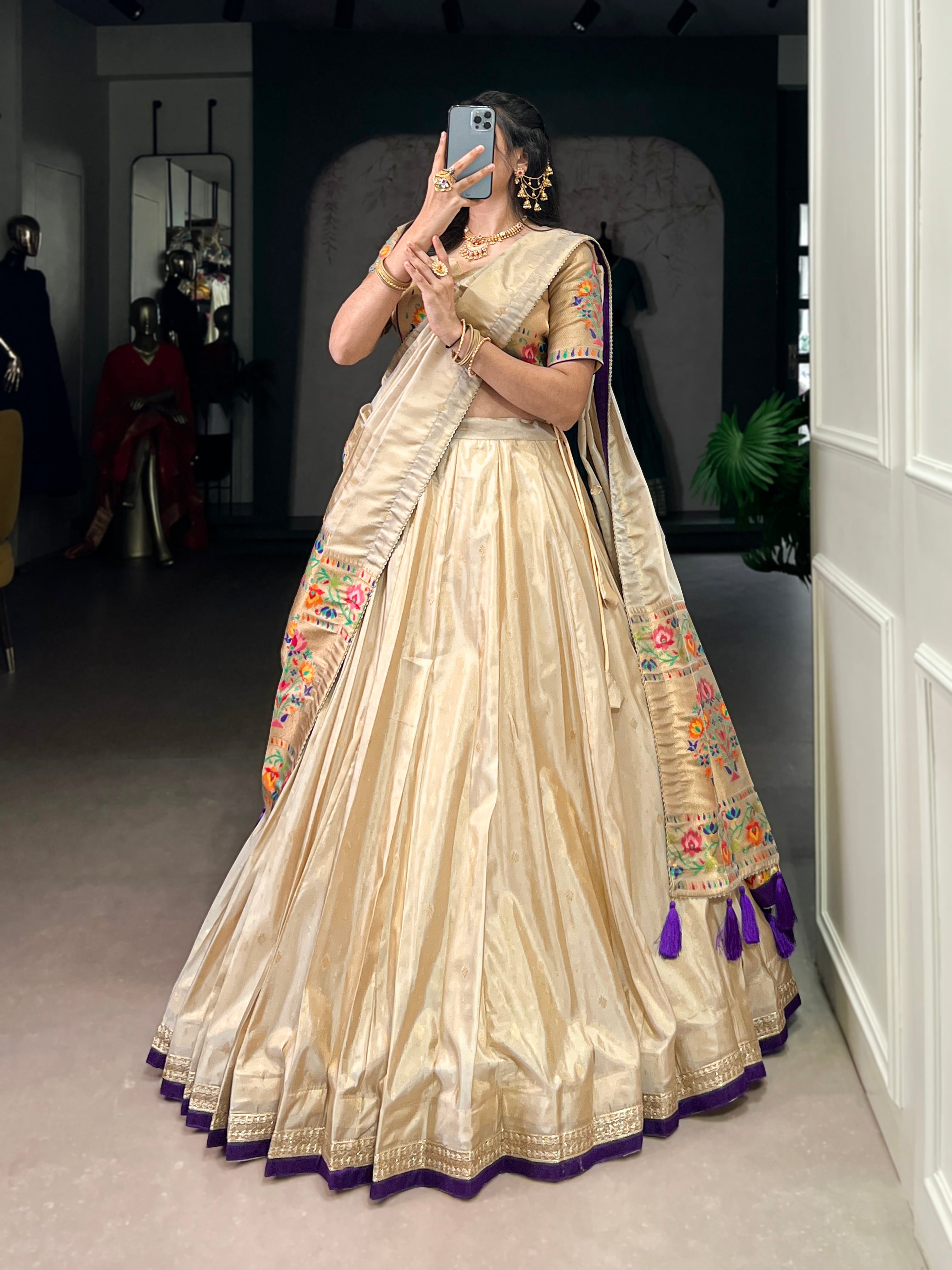 Kalyani cream shimmer Paithani zari weaving lehenga choli with purple border and dupatta