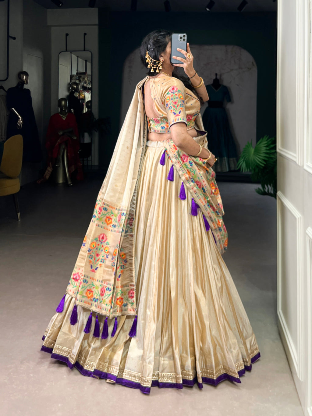 Kalyani cream shimmer Paithani zari weaving lehenga choli with purple border and dupatta