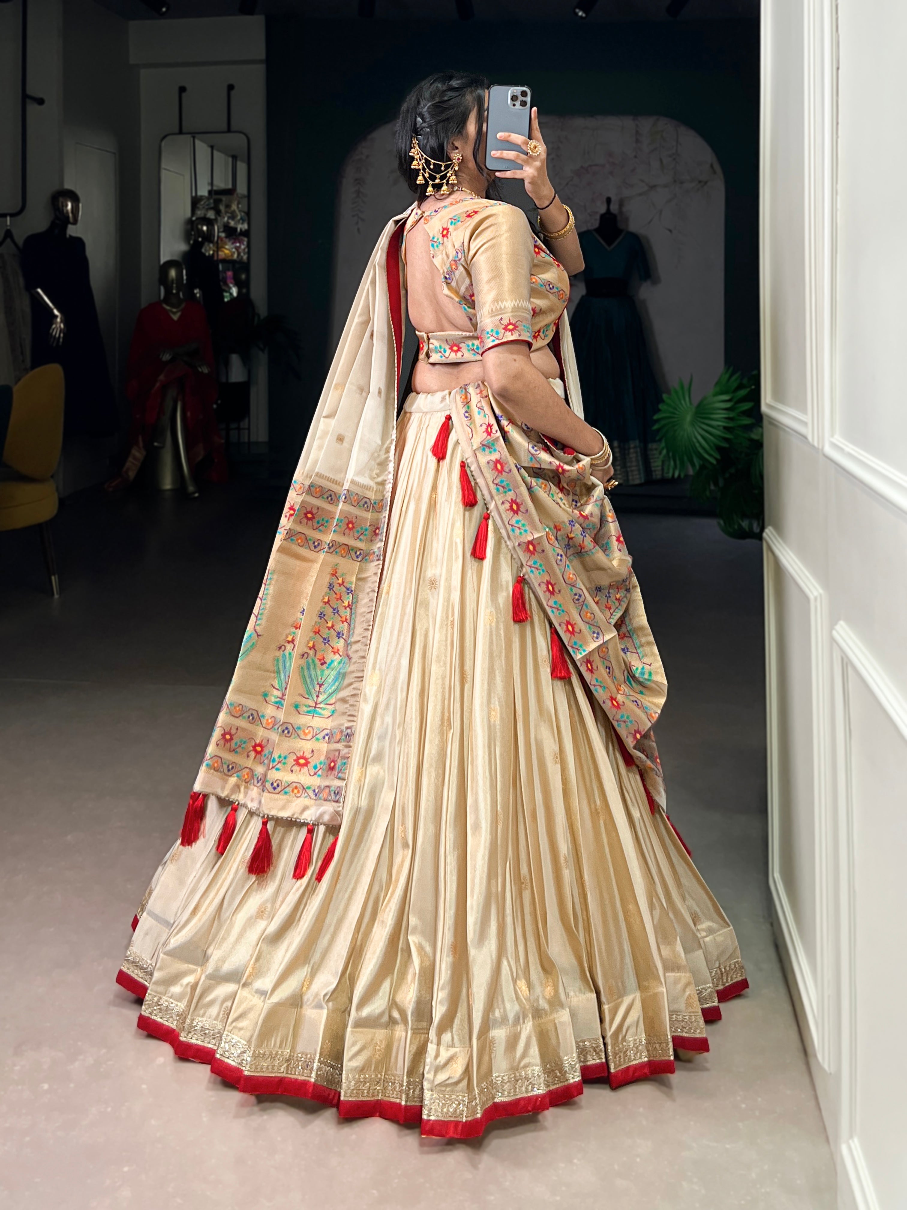 Kalyani cream shimmer Paithani zari weaving lehenga choli with red border and dupatta