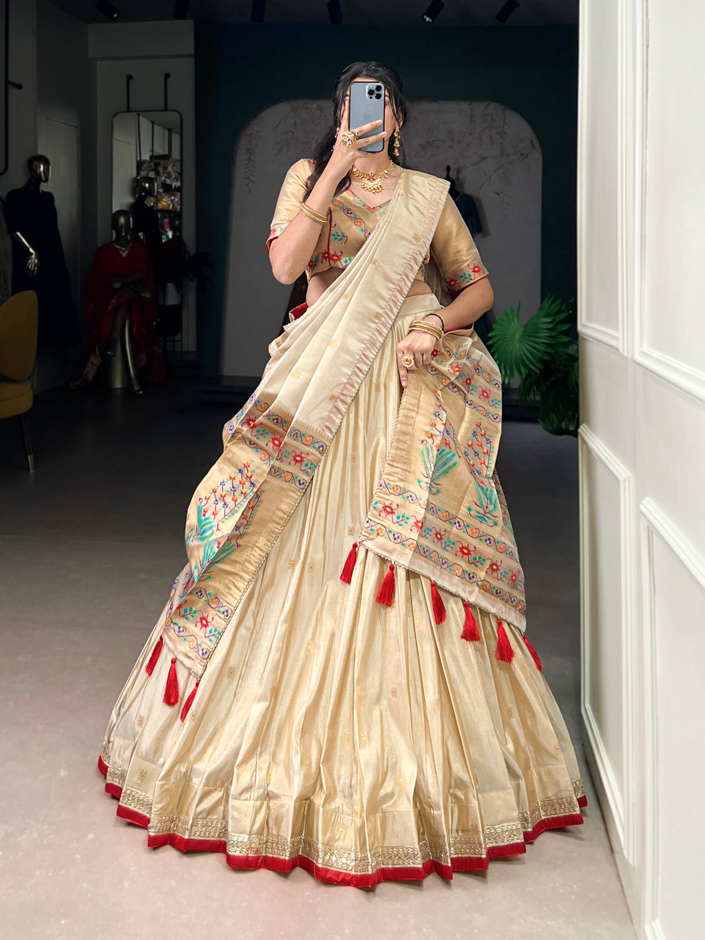 Kalyani cream shimmer Paithani zari weaving lehenga choli with red border and dupatta