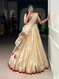 Kalyani cream shimmer Paithani zari weaving lehenga choli with red border and dupatta