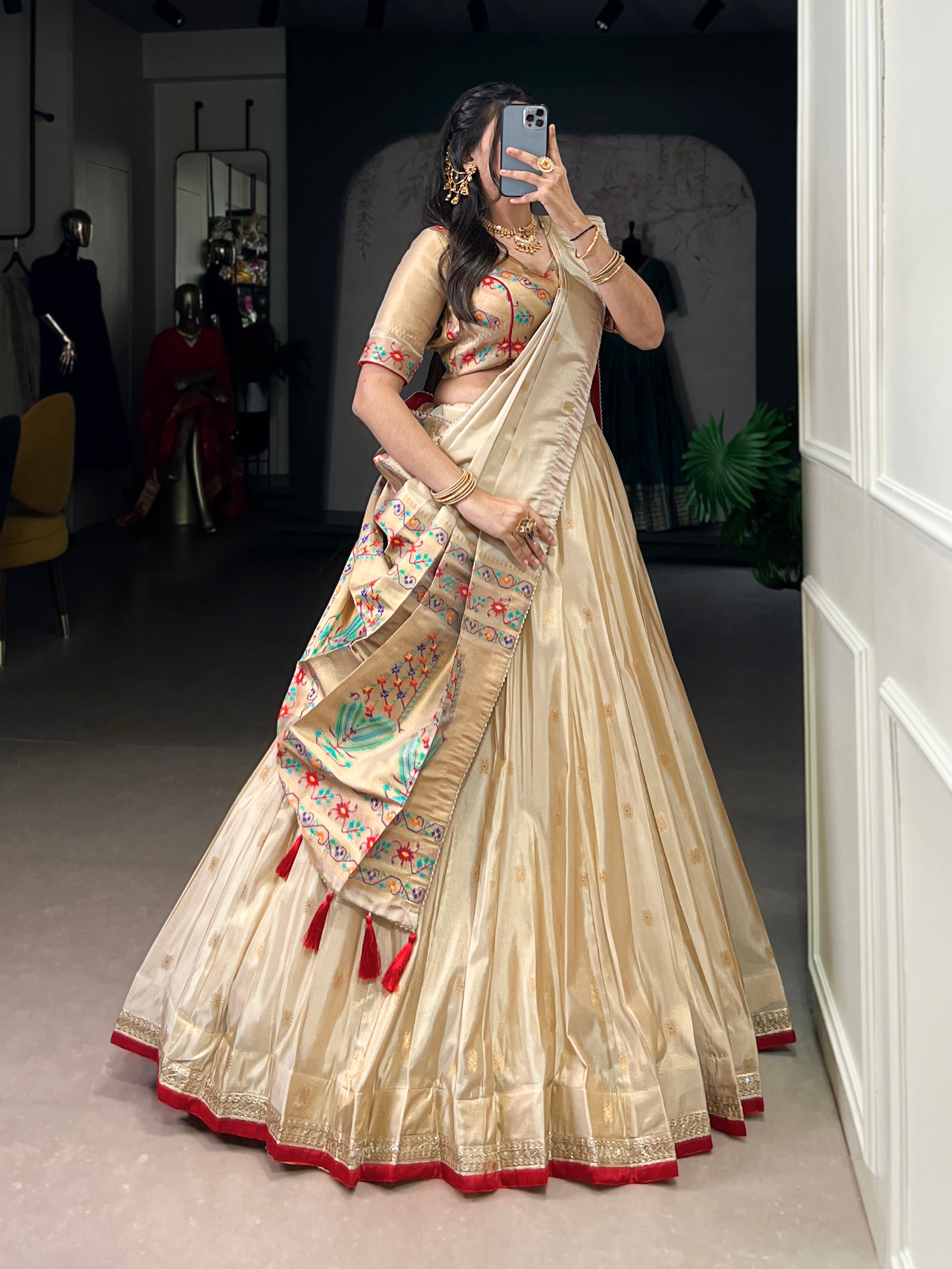 Kalyani cream shimmer Paithani zari weaving lehenga choli with red border and dupatta