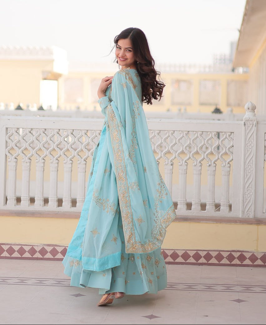 Blue georgette embroidered Sevya designer Anarkali gown