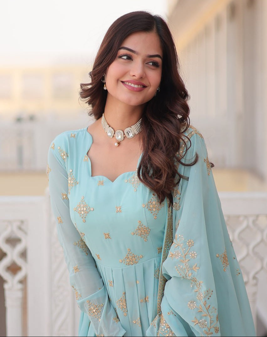 Blue georgette embroidered Sevya designer Anarkali gown