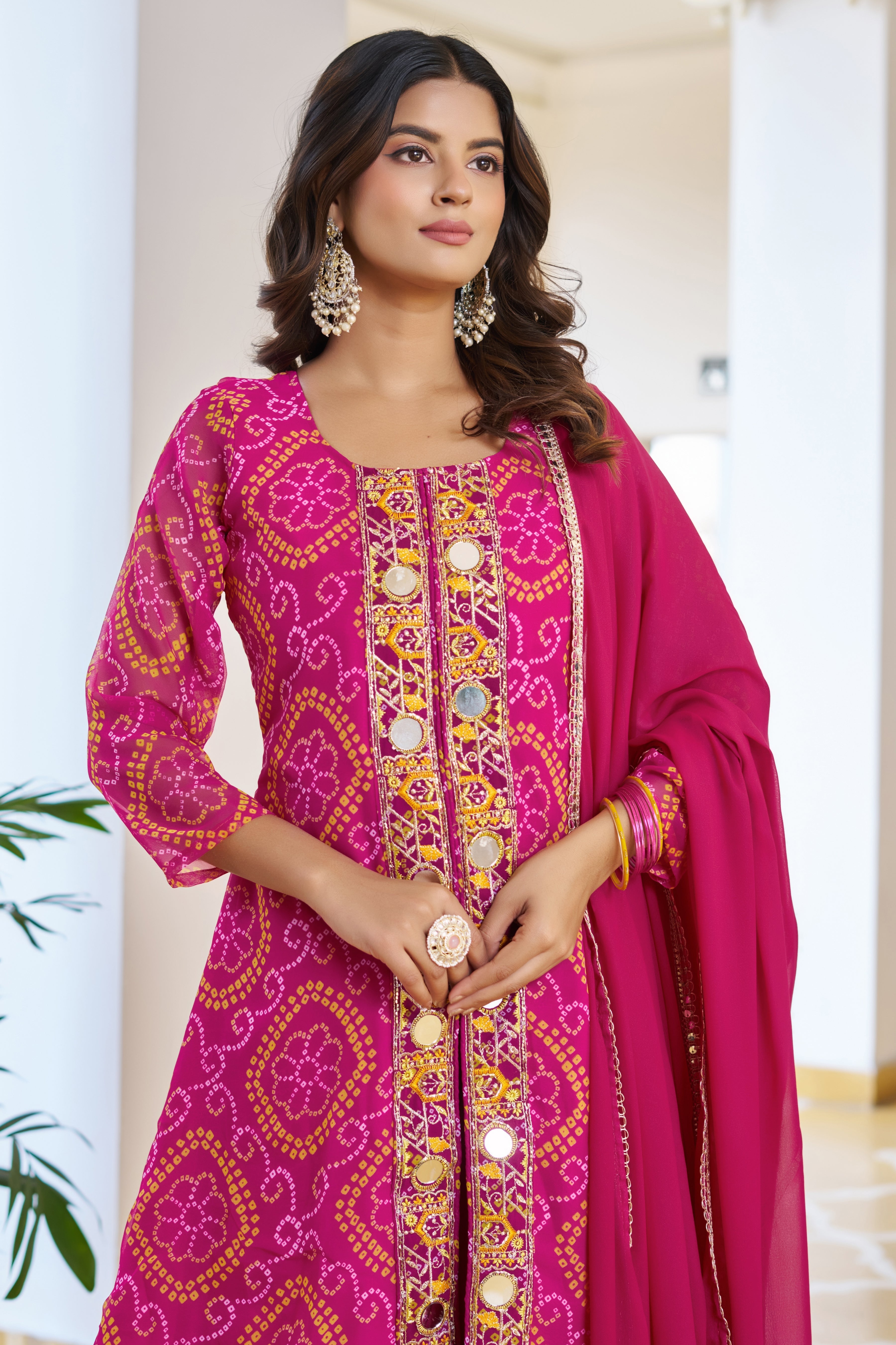 Trisha Fox Georgette Badhni Print Mirror Thred Beads Embroidery Work Kurti Palazzo Set