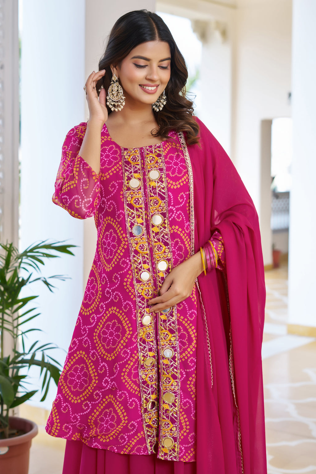 Trisha Fox Georgette Badhni Print Mirror Thred Beads Embroidery Work Kurti Palazzo Set