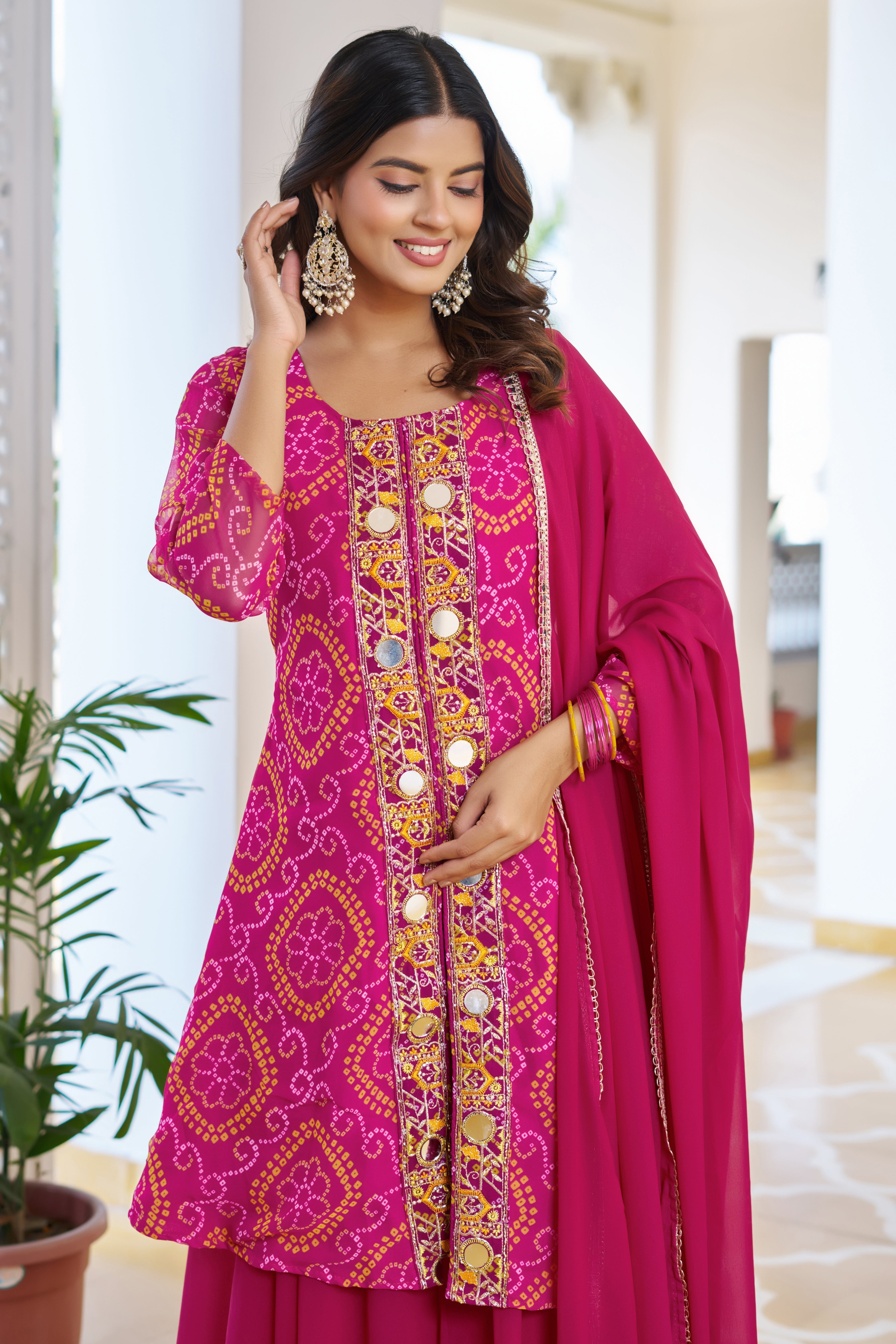 Trisha Fox Georgette Badhni Print Mirror Thred Beads Embroidery Work Kurti Palazzo Set