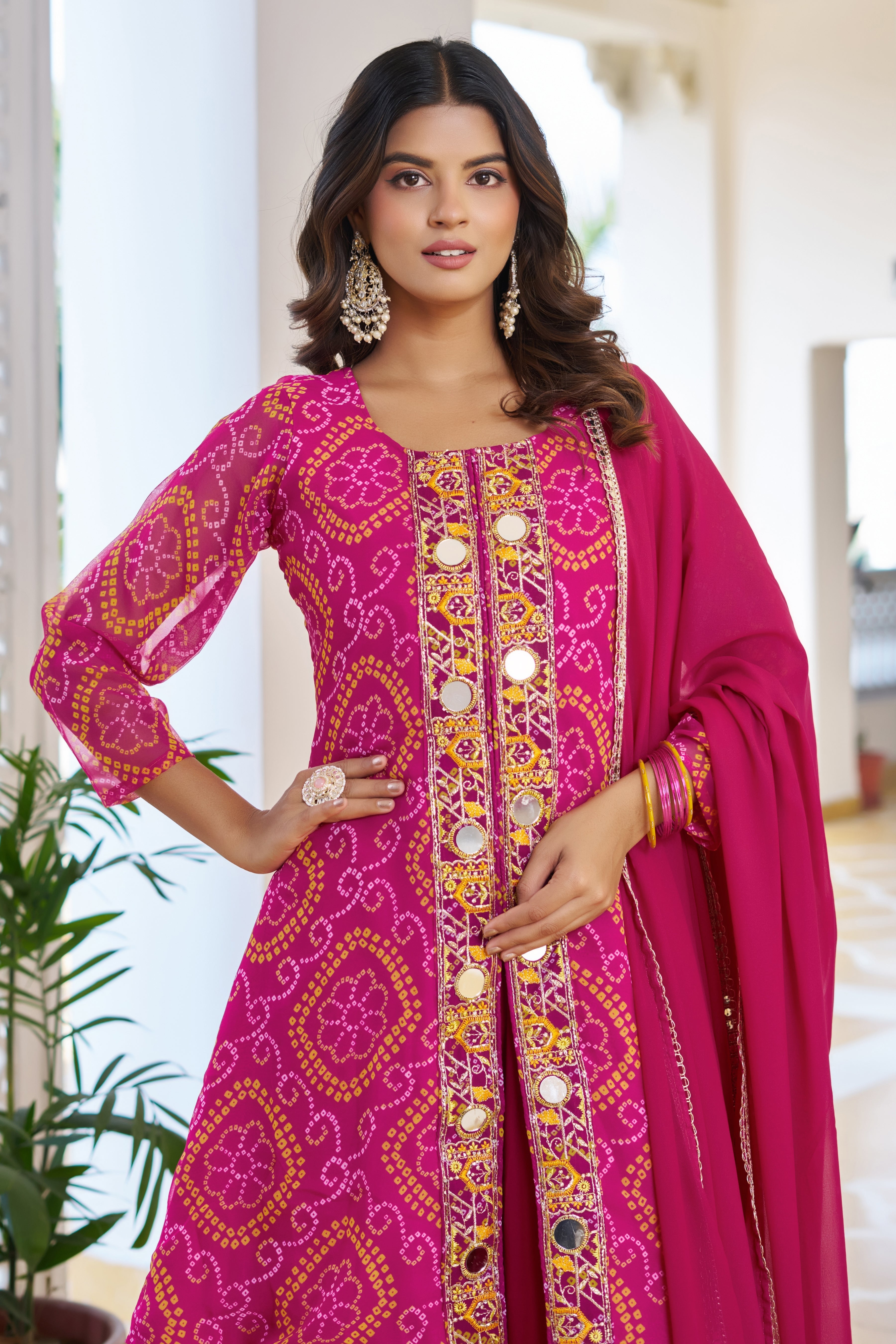 Trisha Fox Georgette Badhni Print Mirror Thred Beads Embroidery Work Kurti Palazzo Set