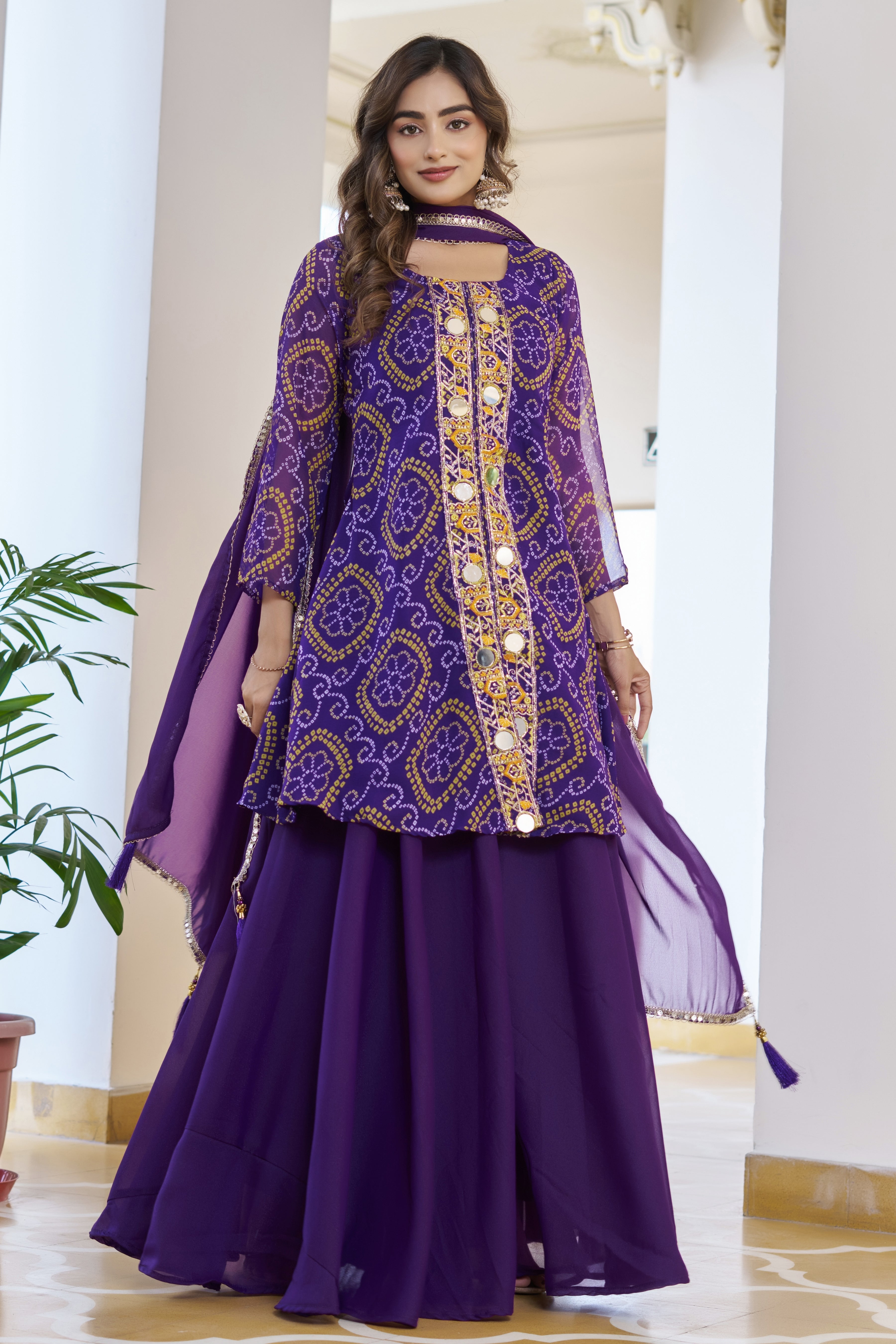 Trisha Fox Georgette Badhni Print Mirror Thred Beads Embroidery Work Kurti Palazzo Set