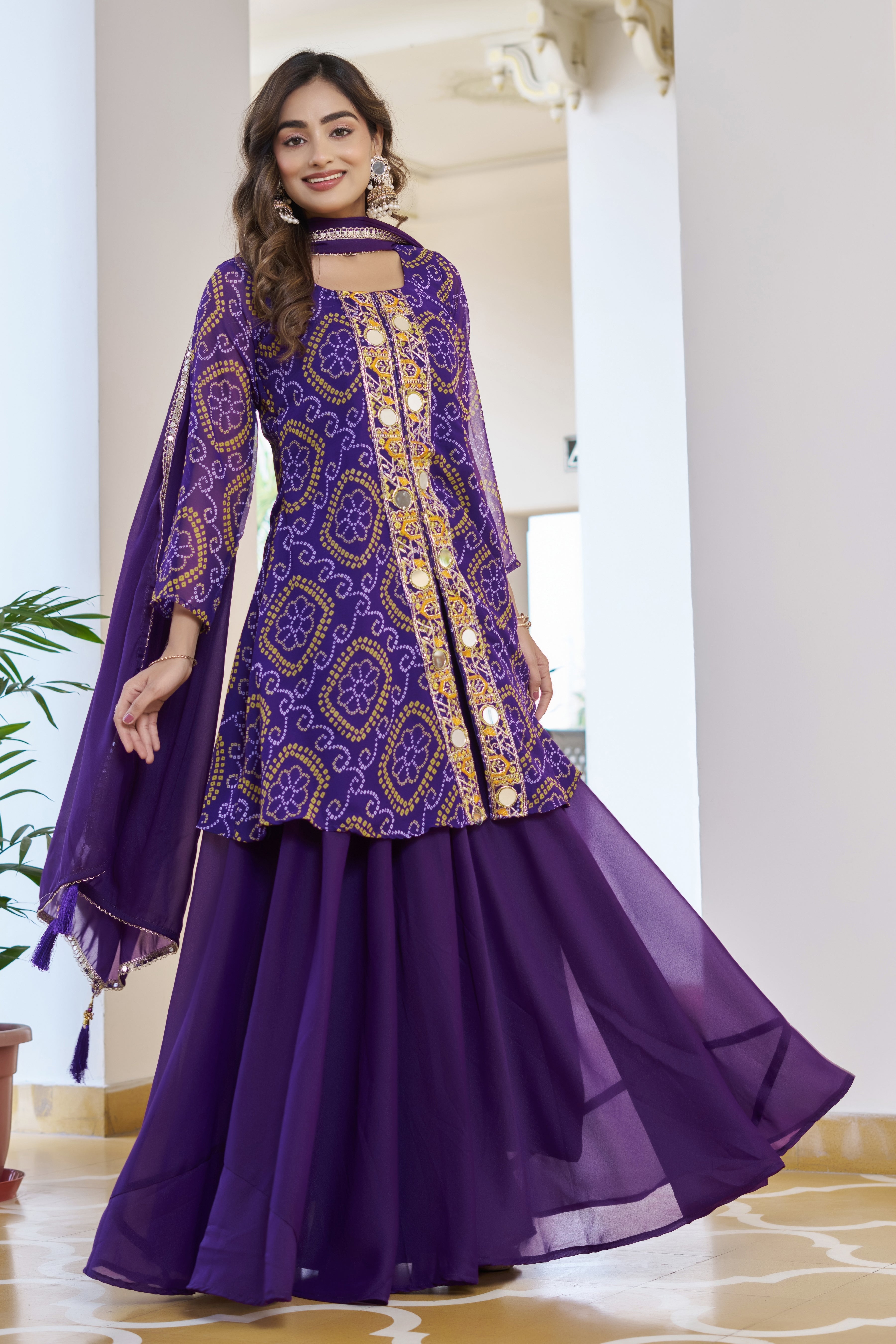 Trisha Fox Georgette Badhni Print Mirror Thred Beads Embroidery Work Kurti Palazzo Set
