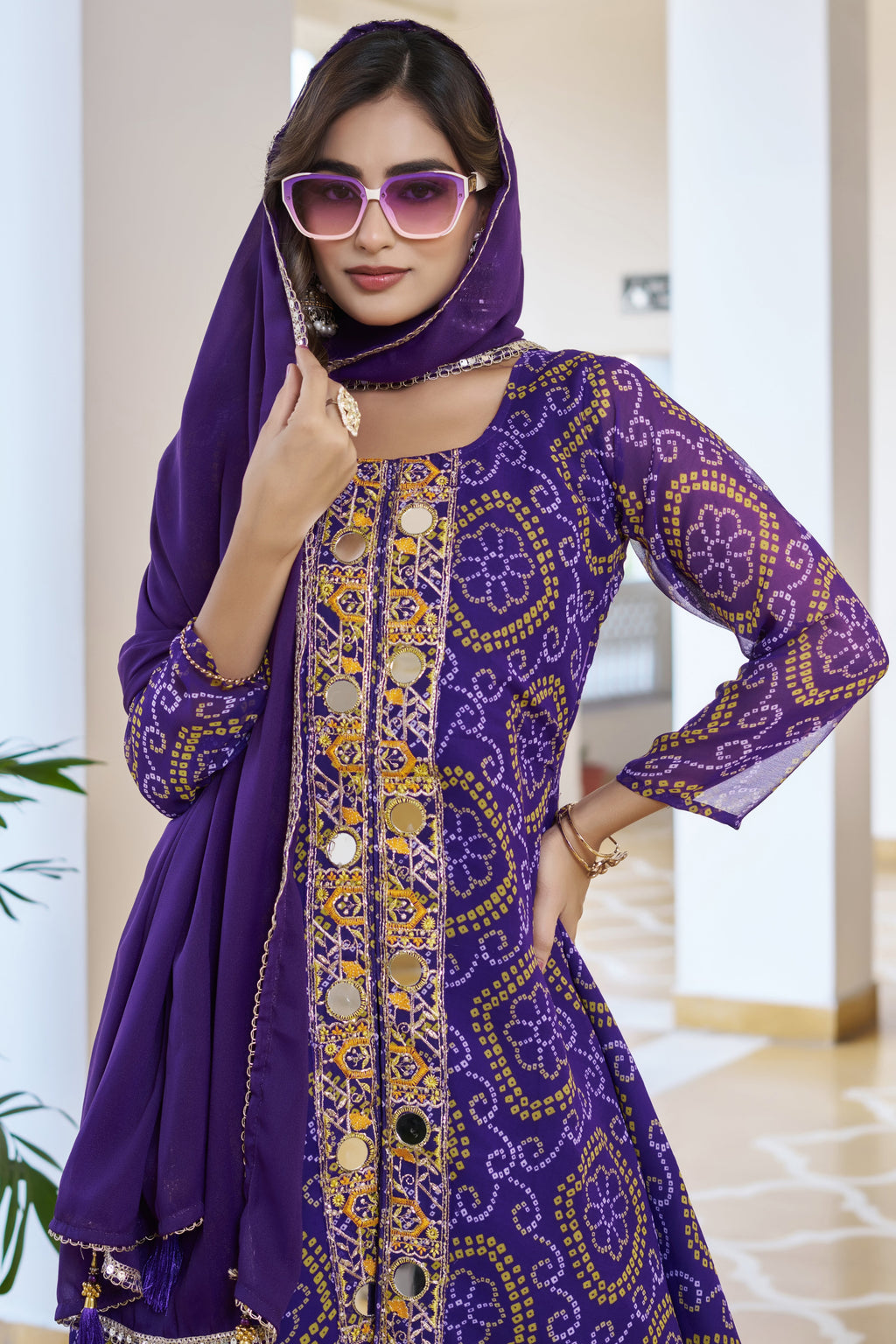 Trisha Fox Georgette Badhni Print Mirror Thred Beads Embroidery Work Kurti Palazzo Set