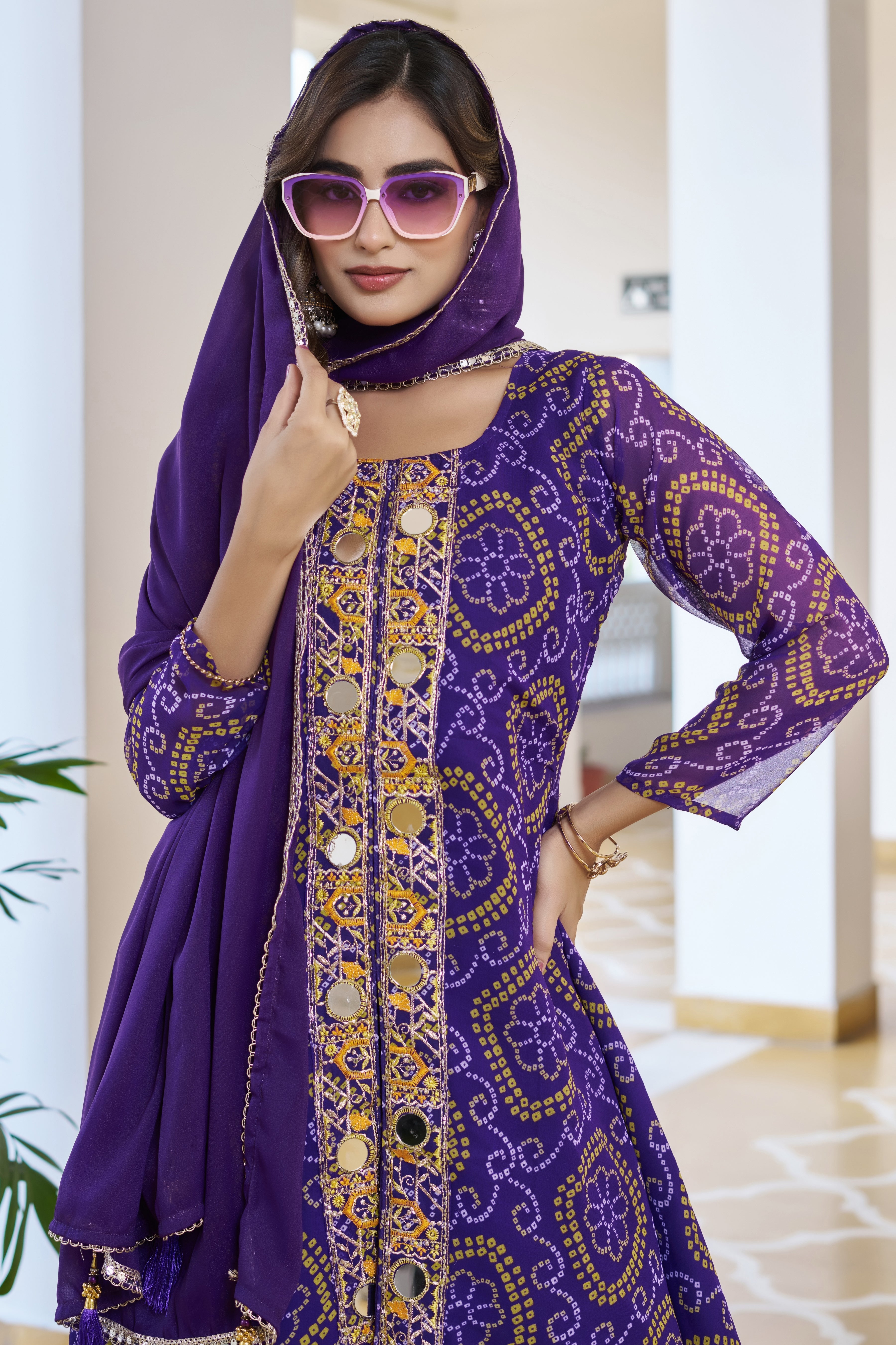 Trisha Fox Georgette Badhni Print Mirror Thred Beads Embroidery Work Kurti Palazzo Set