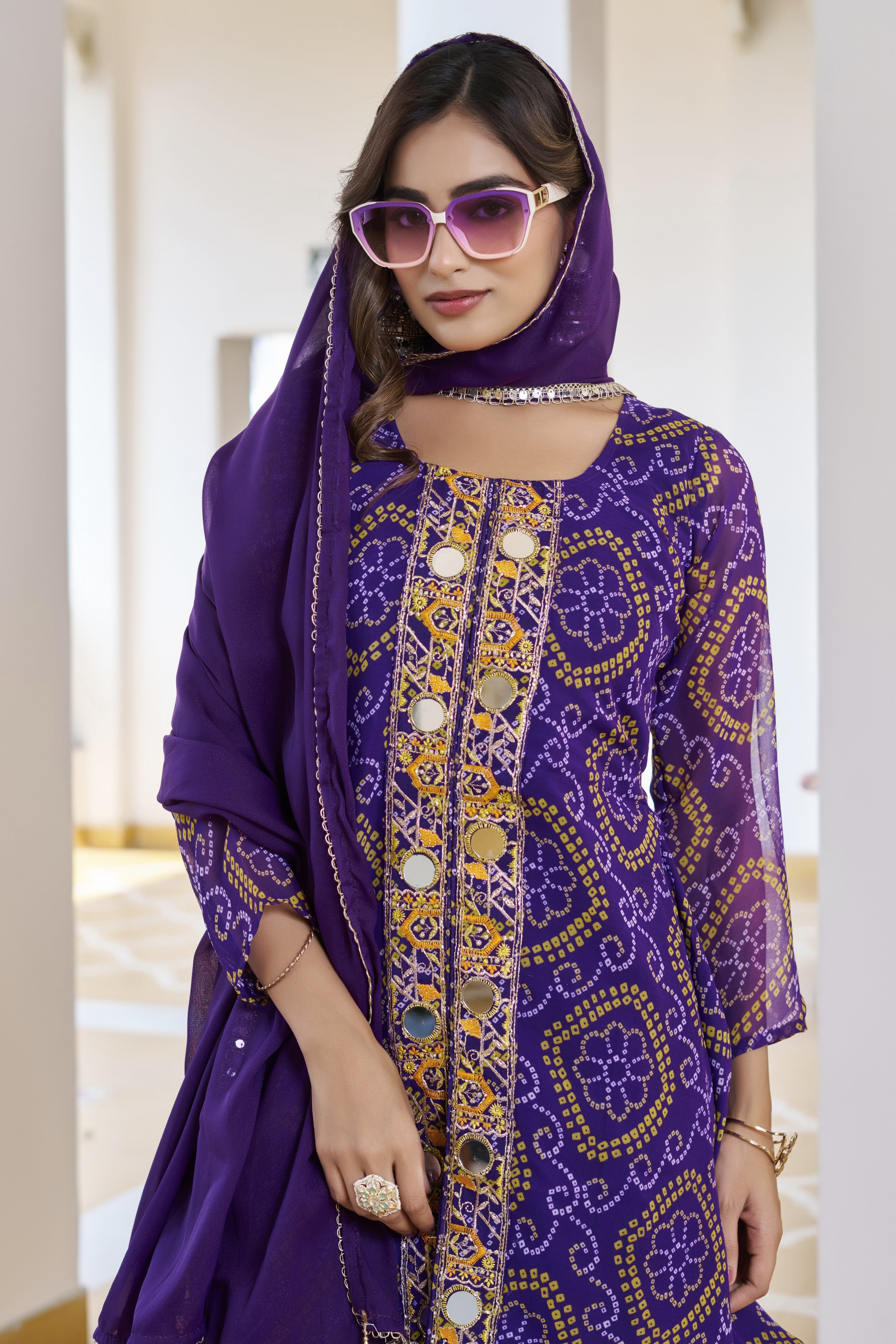 Trisha Fox Georgette Badhni Print Mirror Thred Beads Embroidery Work Kurti Palazzo Set