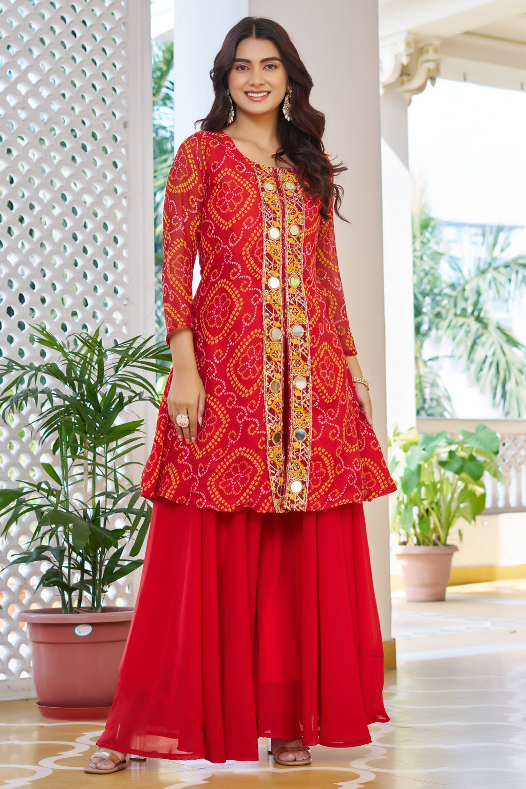 Trisha Fox Georgette Badhni Print Mirror Thred Beads Embroidery Work Kurti Palazzo Set