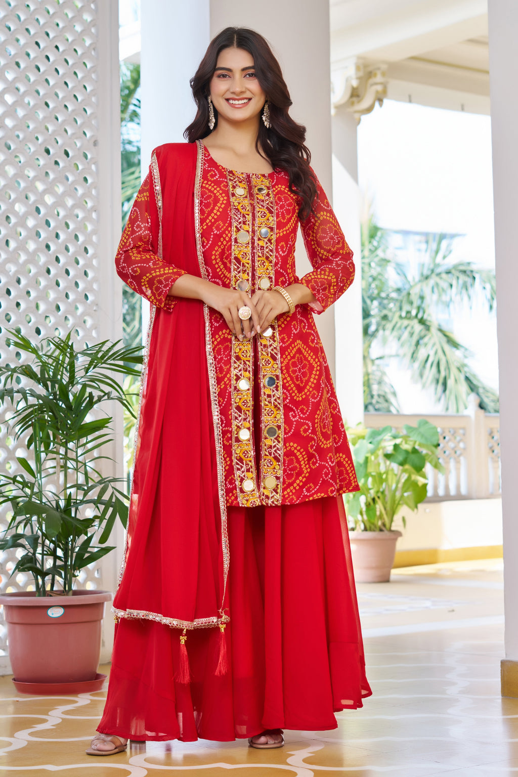 Trisha Fox Georgette Badhni Print Mirror Thred Beads Embroidery Work Kurti Palazzo Set
