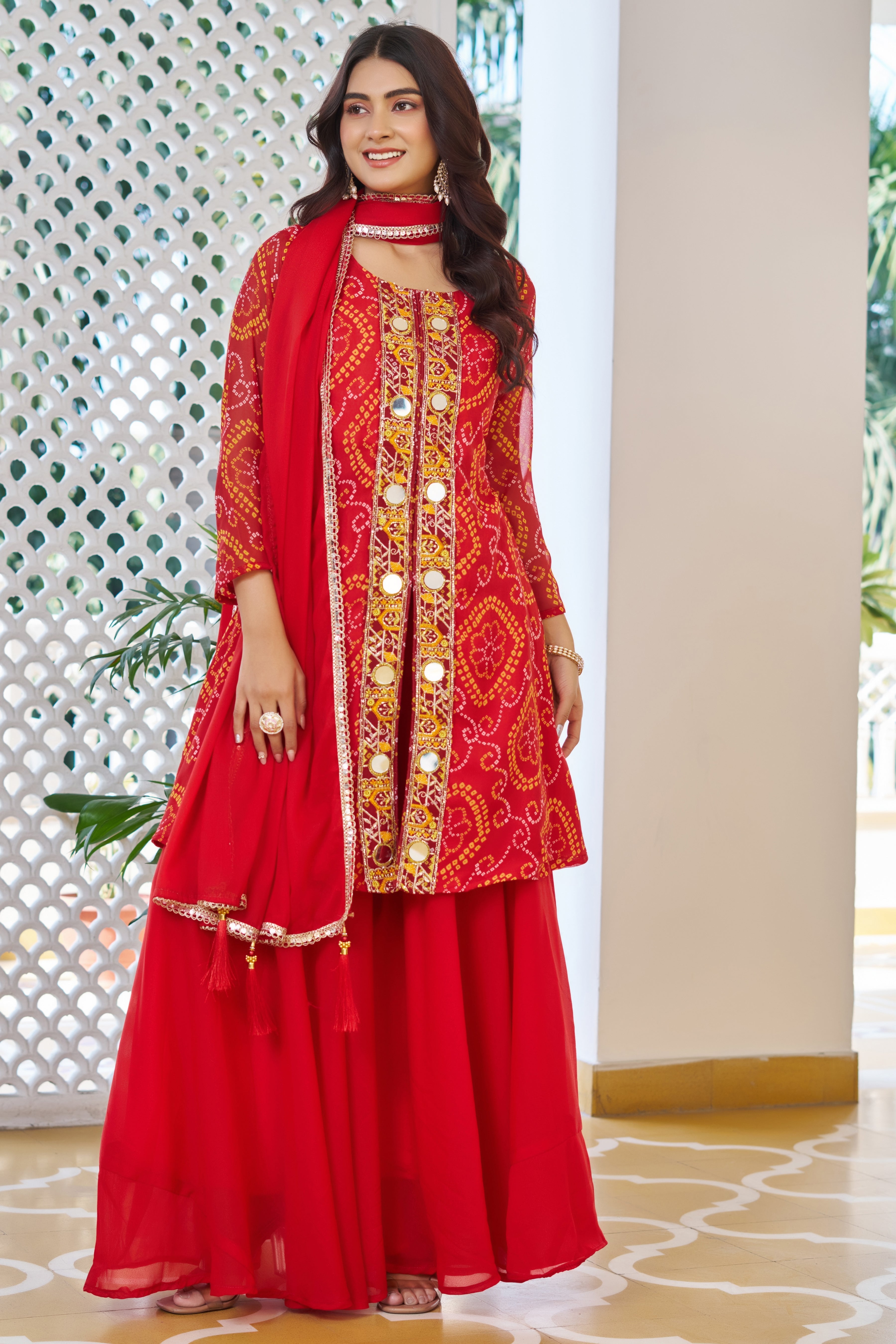 Trisha Fox Georgette Badhni Print Mirror Thred Beads Embroidery Work Kurti Palazzo Set