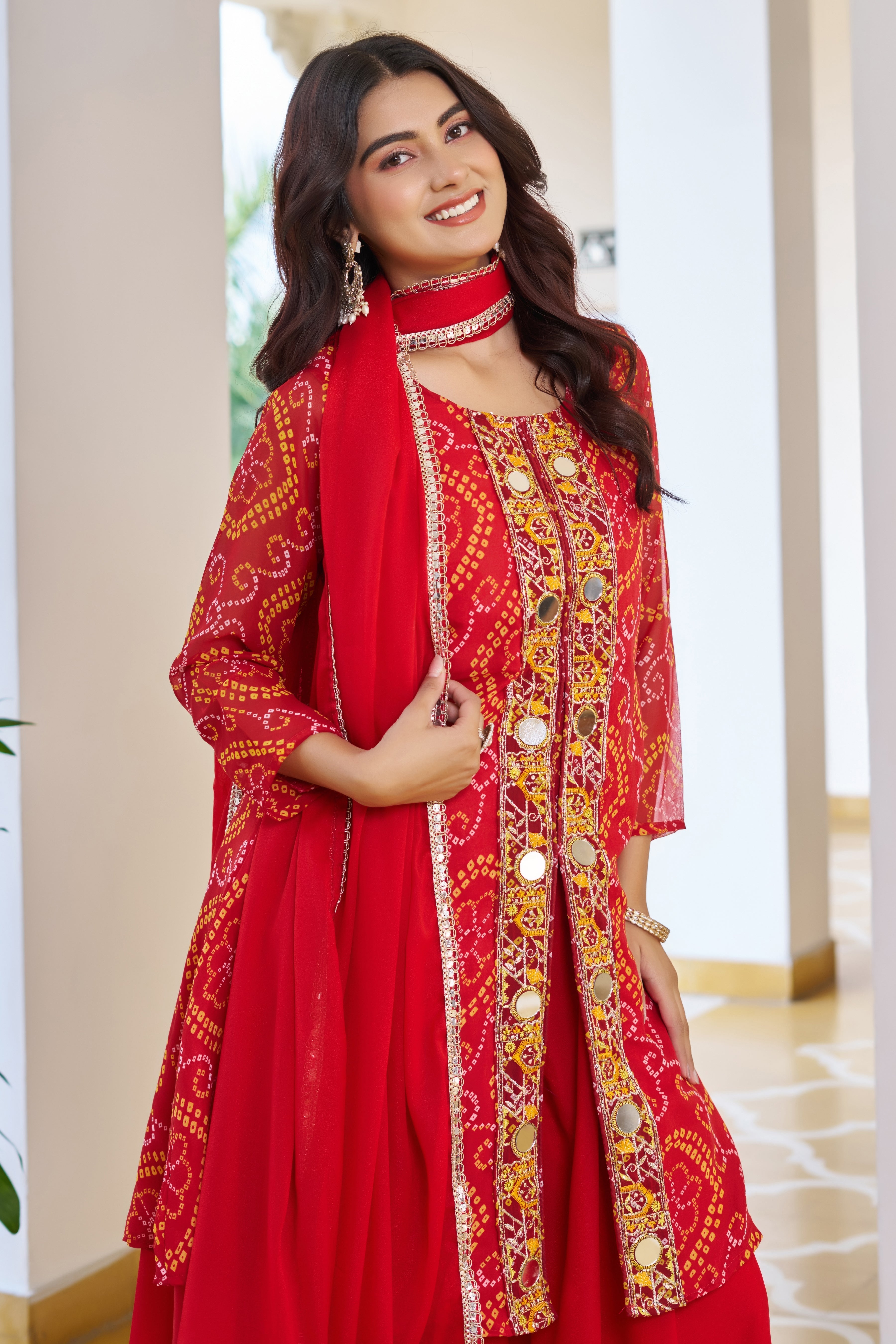 Trisha Fox Georgette Badhni Print Mirror Thred Beads Embroidery Work Kurti Palazzo Set