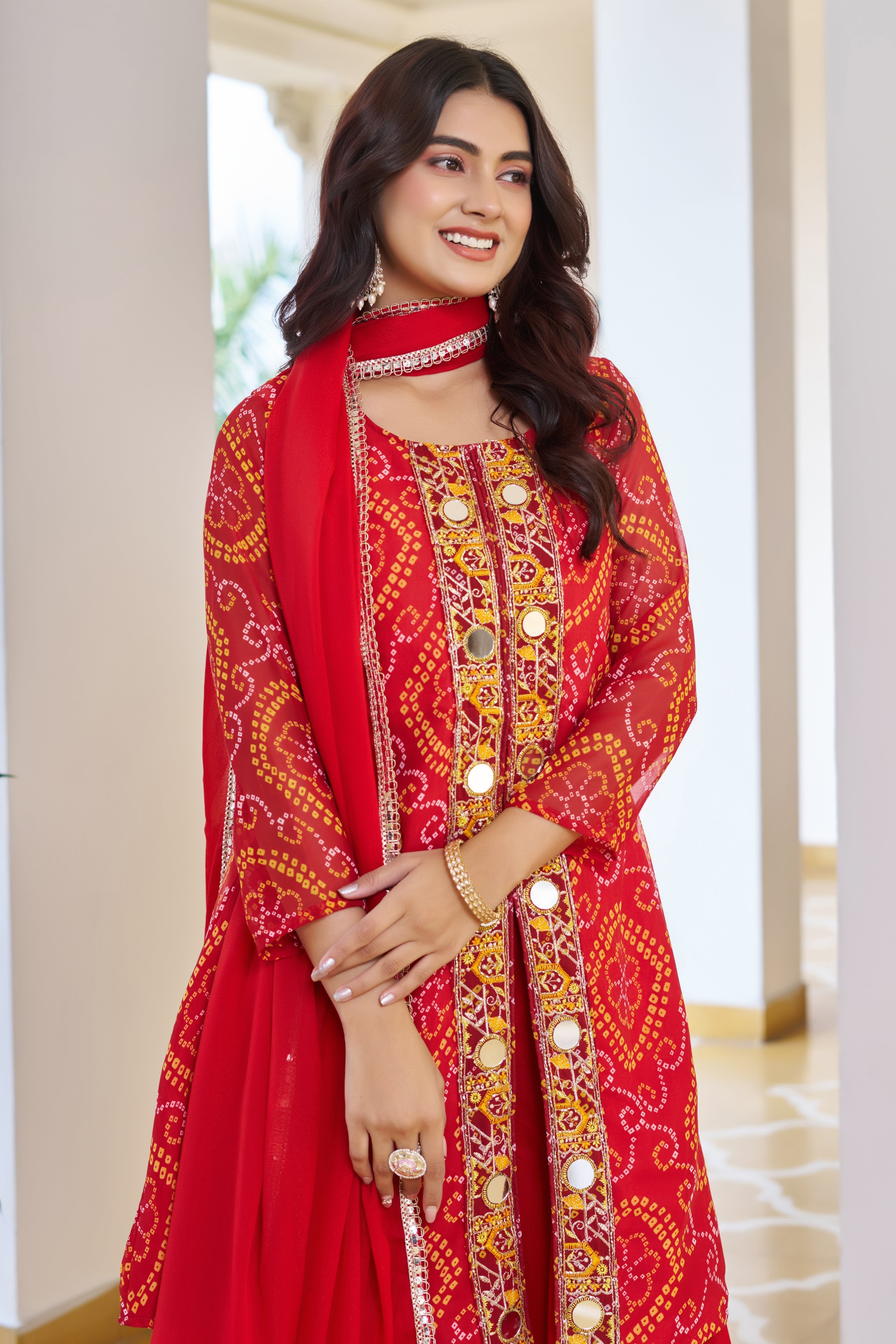 Trisha Fox Georgette Badhni Print Mirror Thred Beads Embroidery Work Kurti Palazzo Set