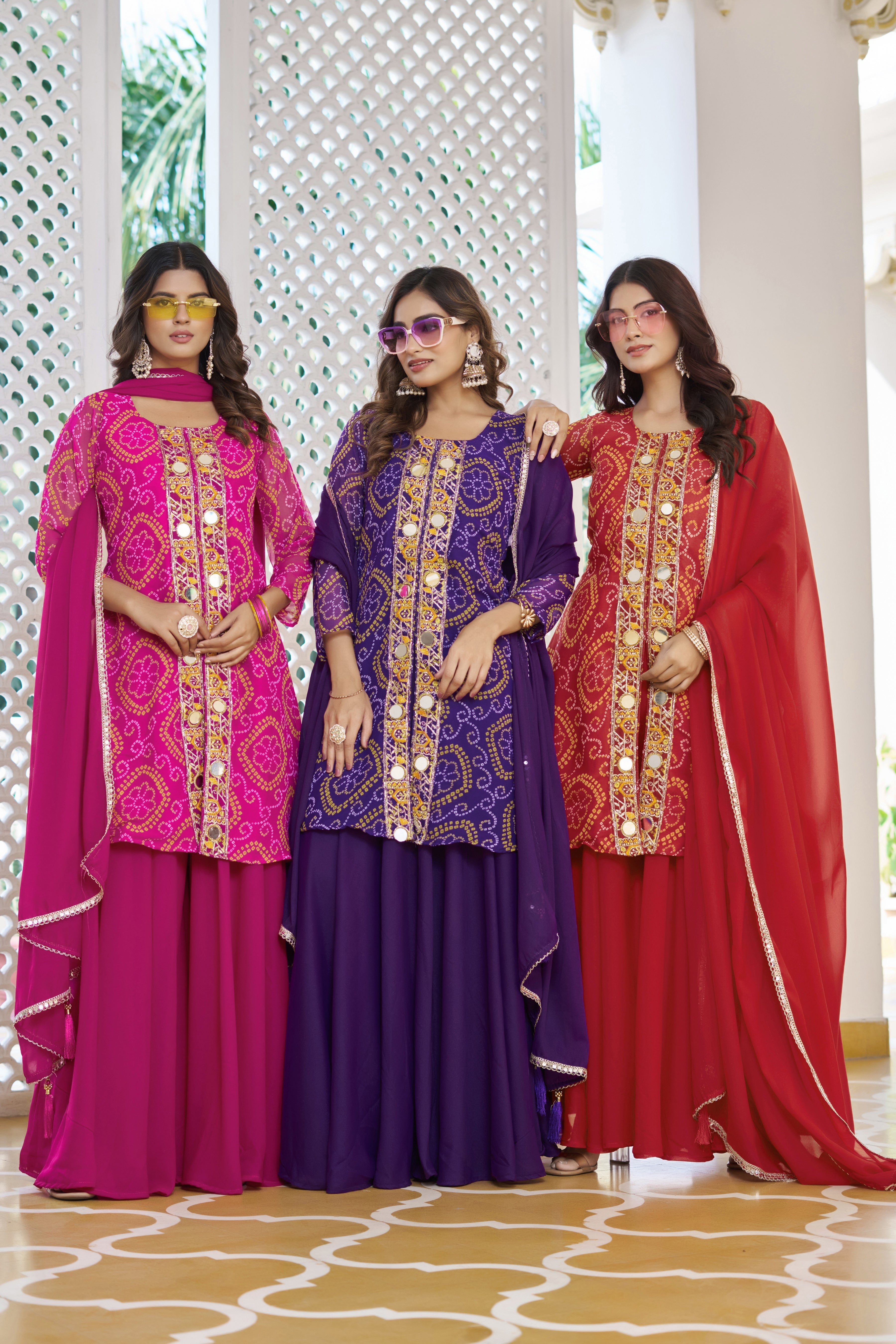 Trisha Fox Georgette Badhni Print Mirror Thred Beads Embroidery Work Kurti Palazzo Set