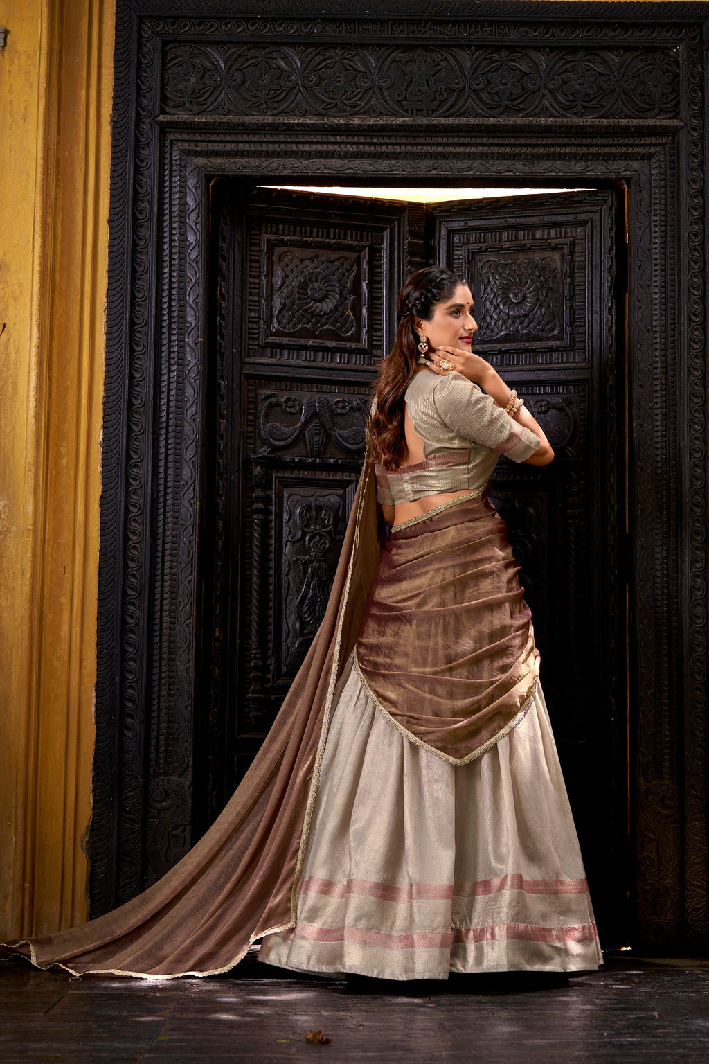 Aadhya cream dupion silk zari weaving half saree lehenga