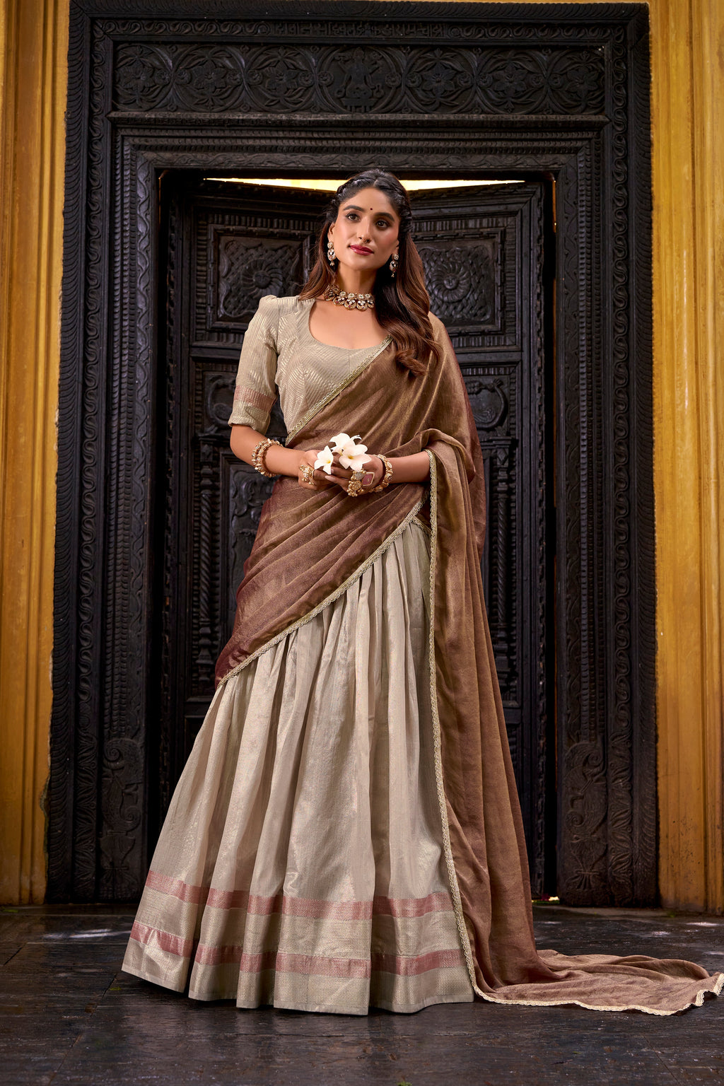 Aadhya cream dupion silk zari weaving half saree lehenga