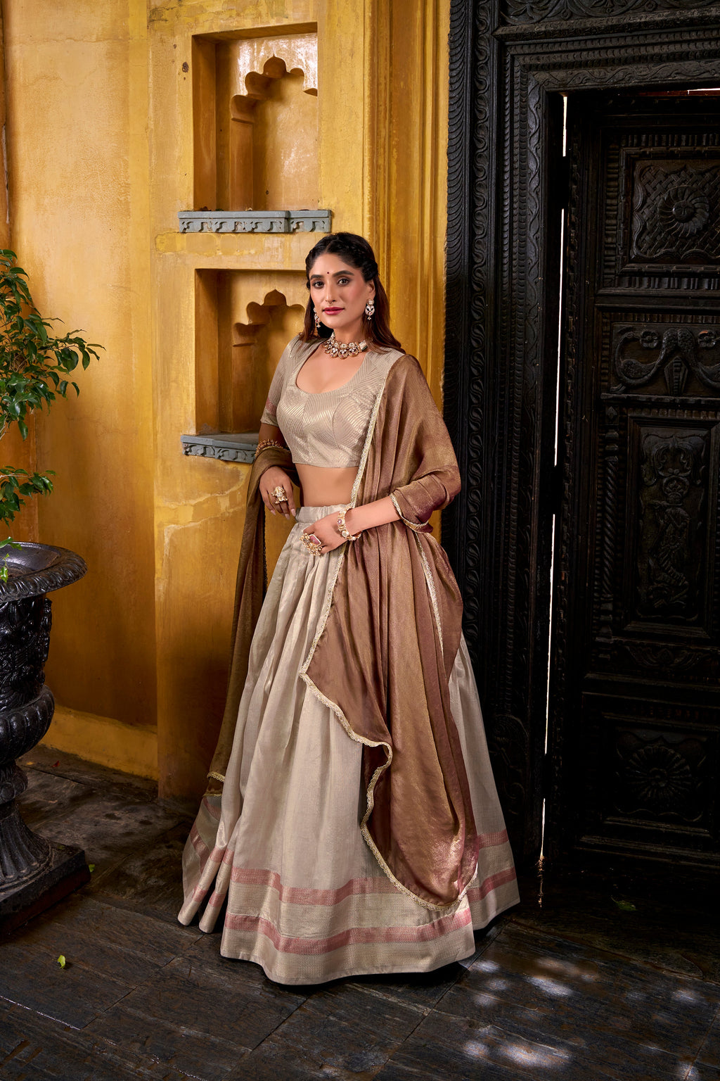 Aadhya cream dupion silk zari weaving half saree lehenga