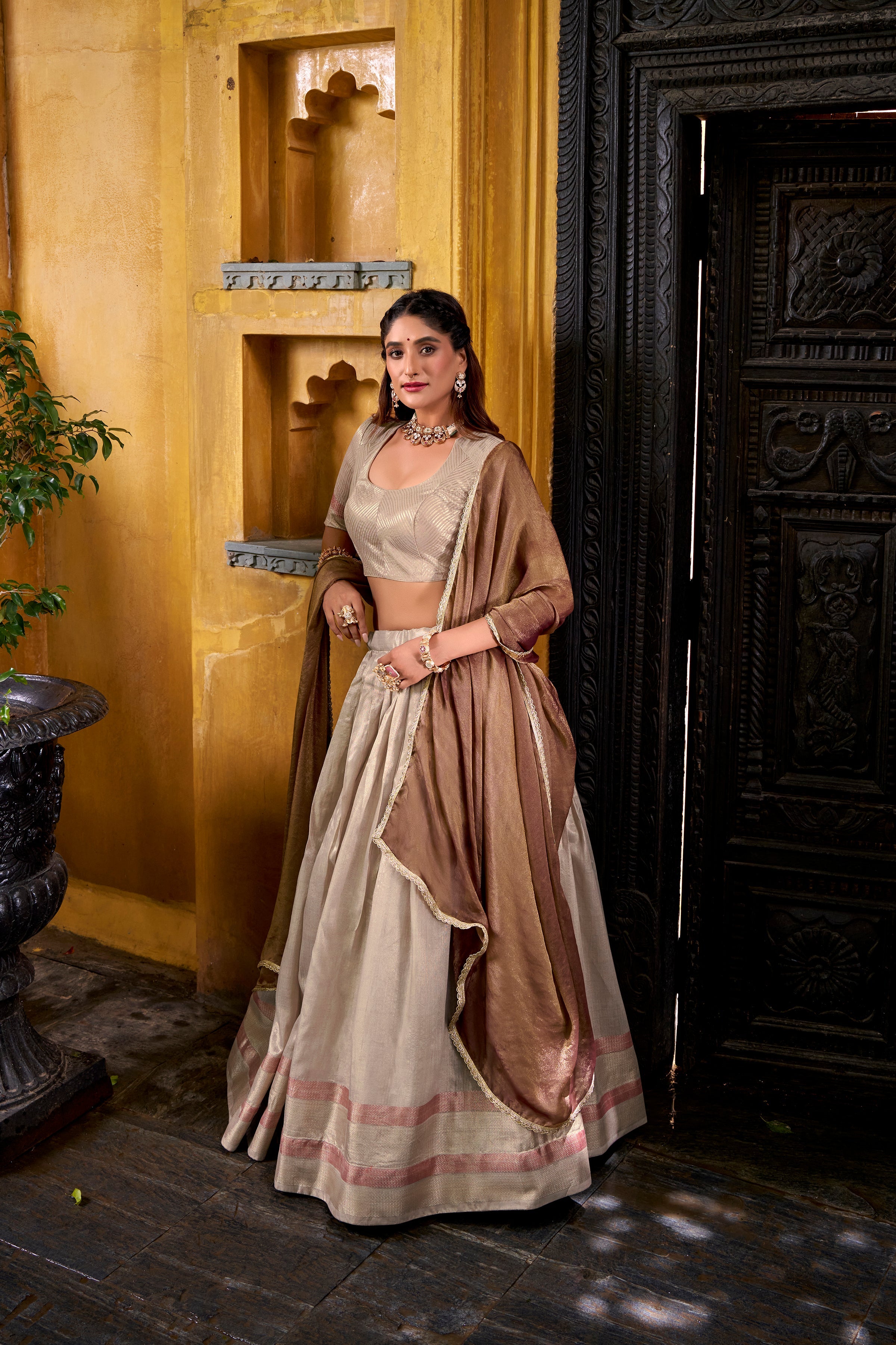 Aadhya cream dupion silk zari weaving half saree lehenga