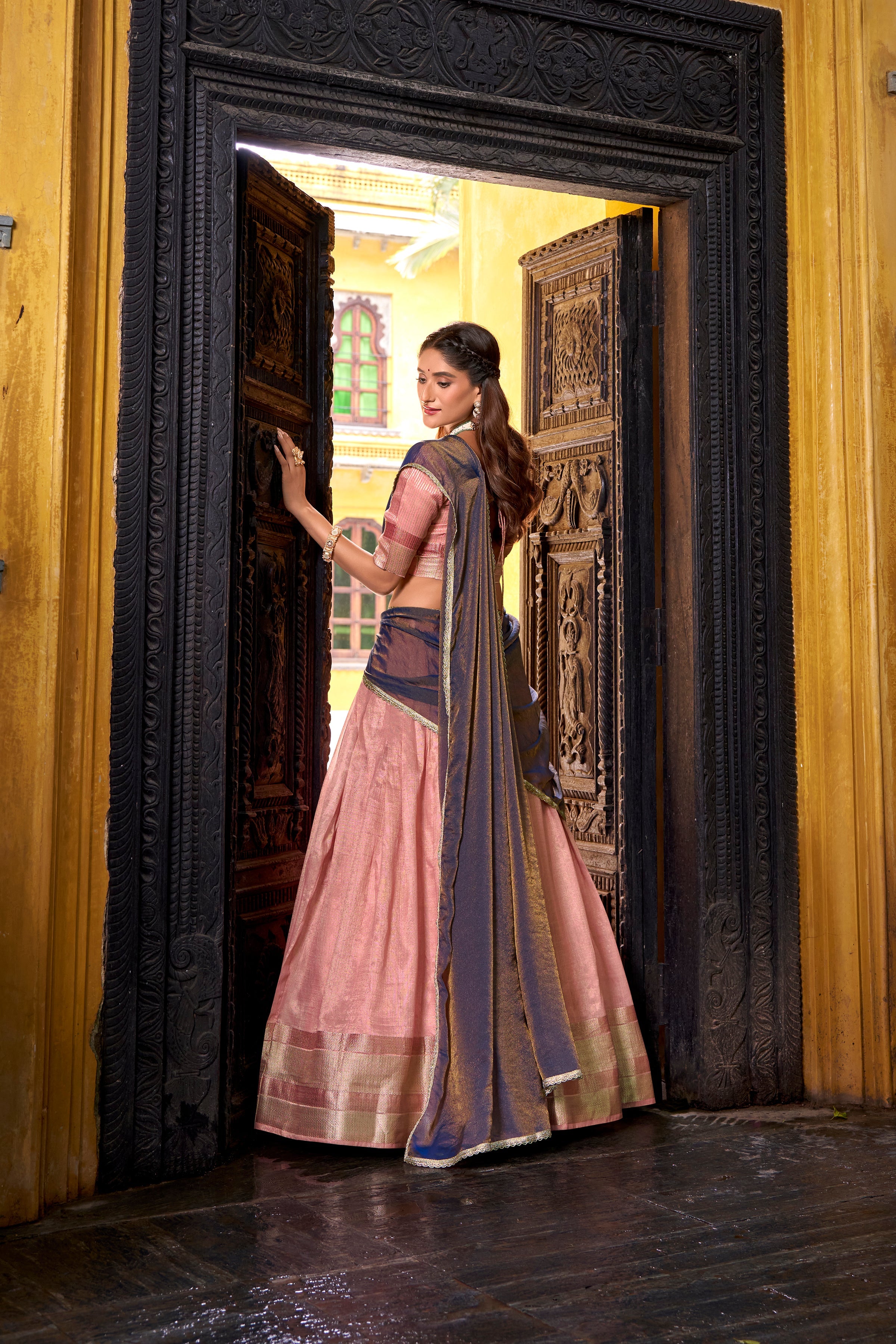Aadhya light pink dupion silk zari weaving half saree lehenga