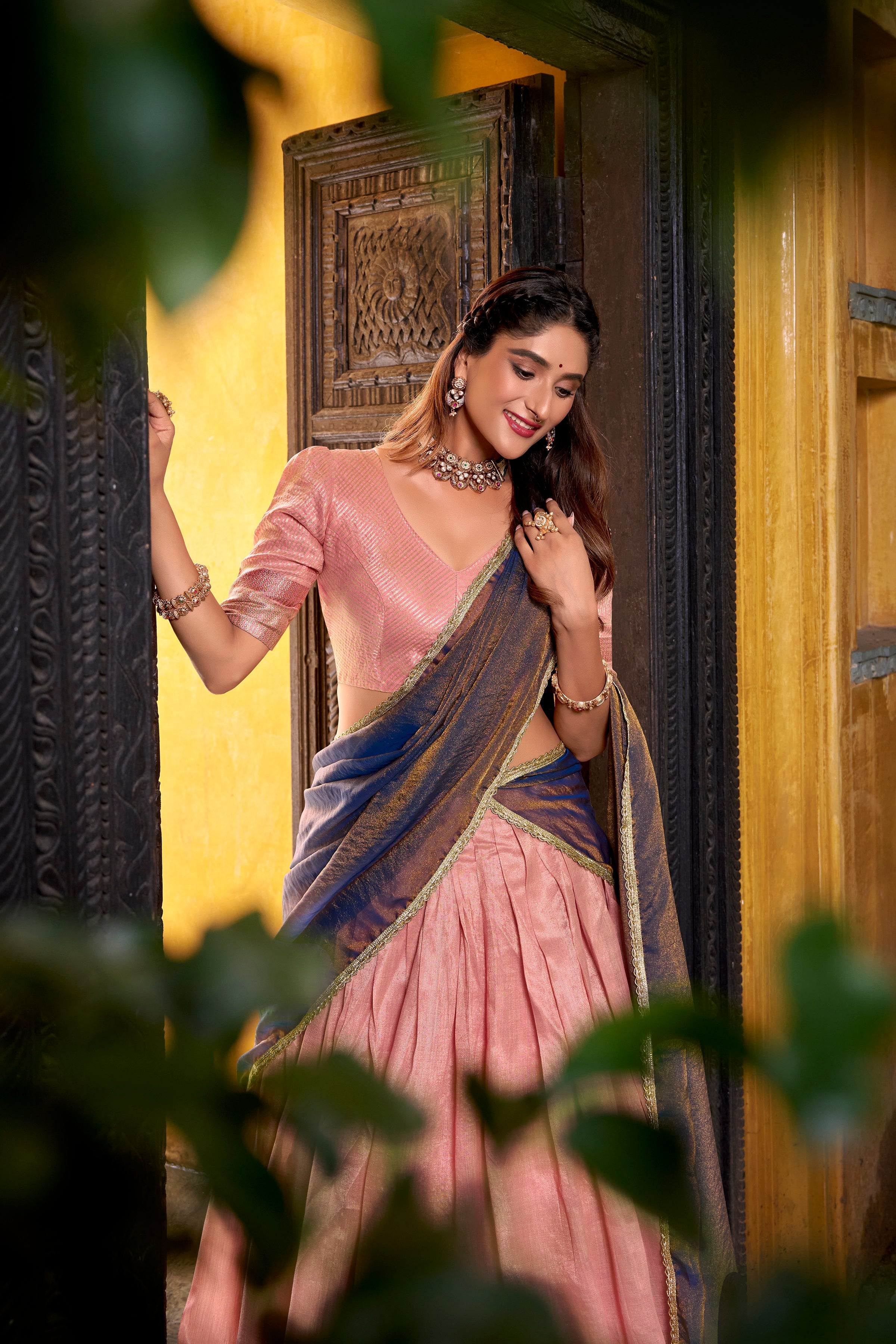 Aadhya light pink dupion silk zari weaving half saree lehenga
