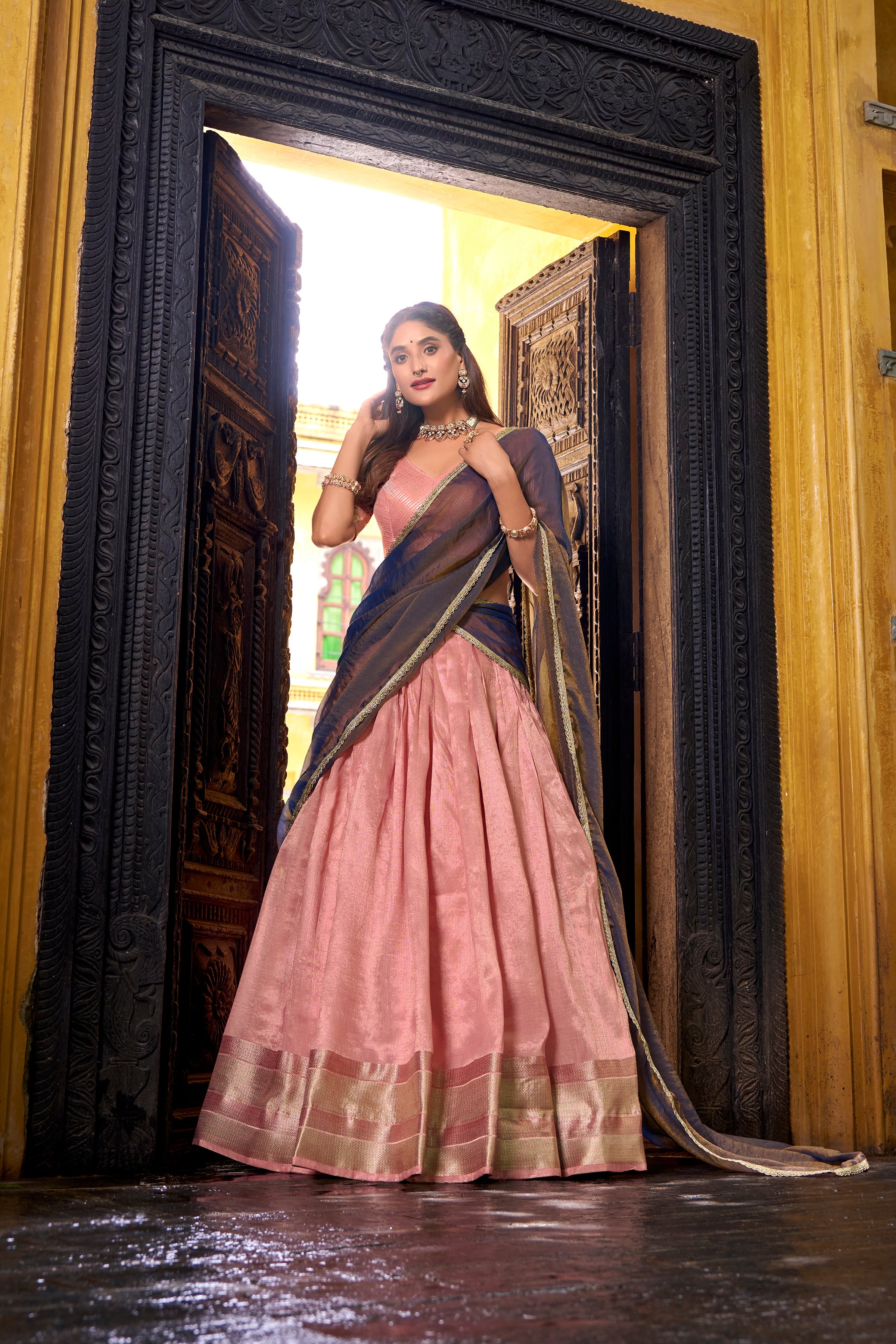 Aadhya light pink dupion silk zari weaving half saree lehenga