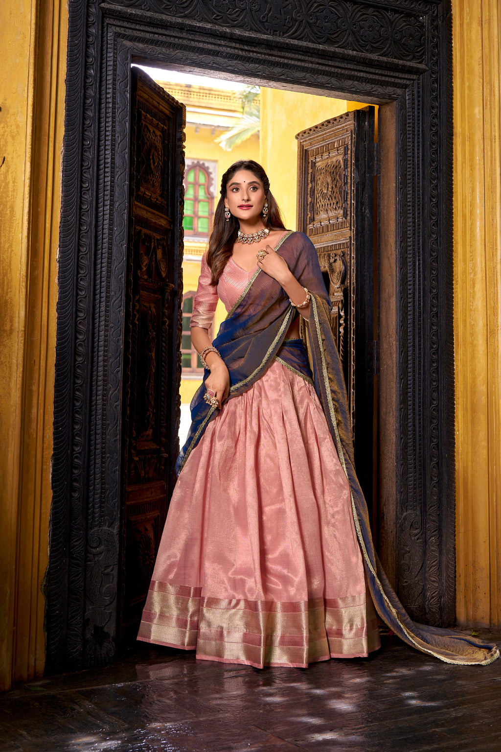 Aadhya light pink dupion silk zari weaving half saree lehenga