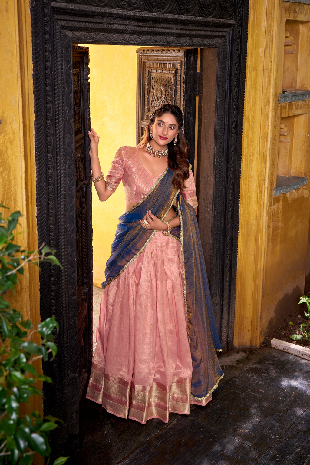 Aadhya light pink dupion silk zari weaving half saree lehenga