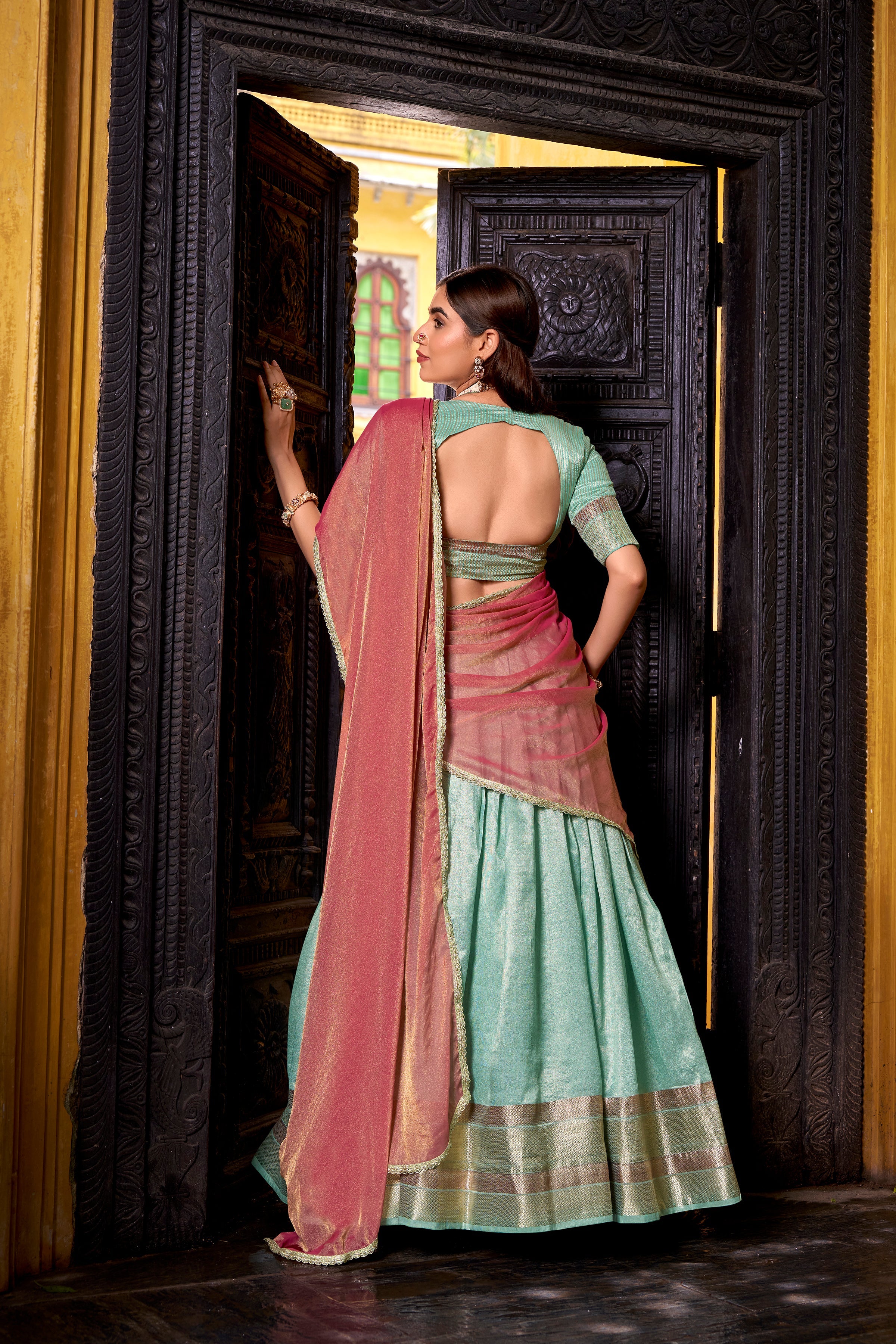 Aadhya sky blue dupion silk zari weaving half saree lehenga