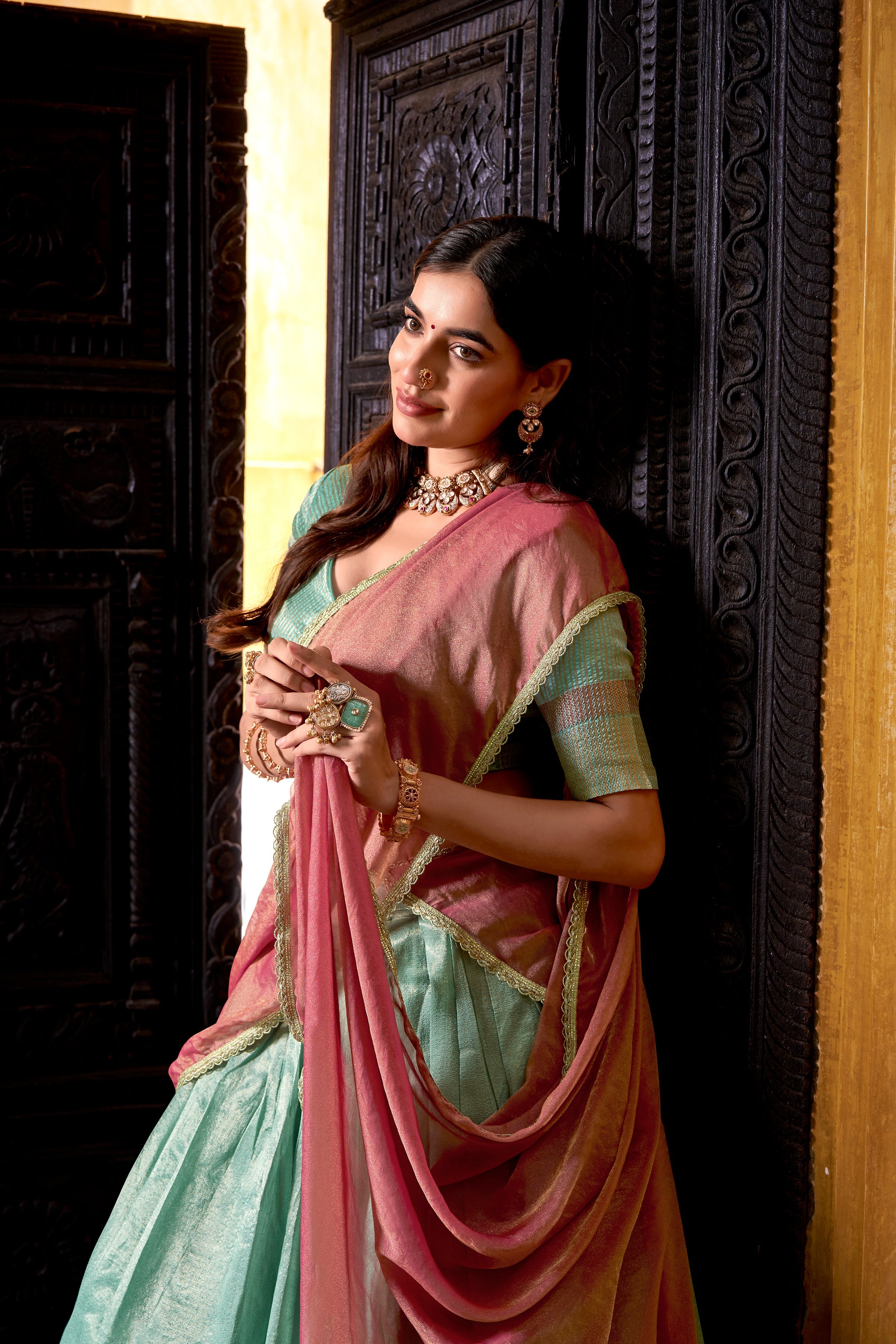 Aadhya sky blue dupion silk zari weaving half saree lehenga