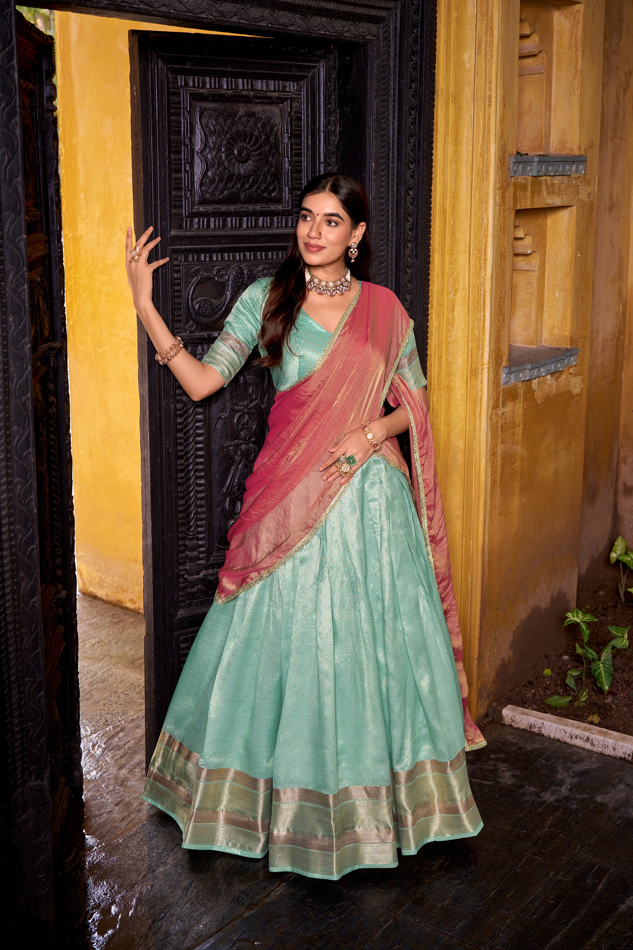 Aadhya sky blue dupion silk zari weaving half saree lehenga