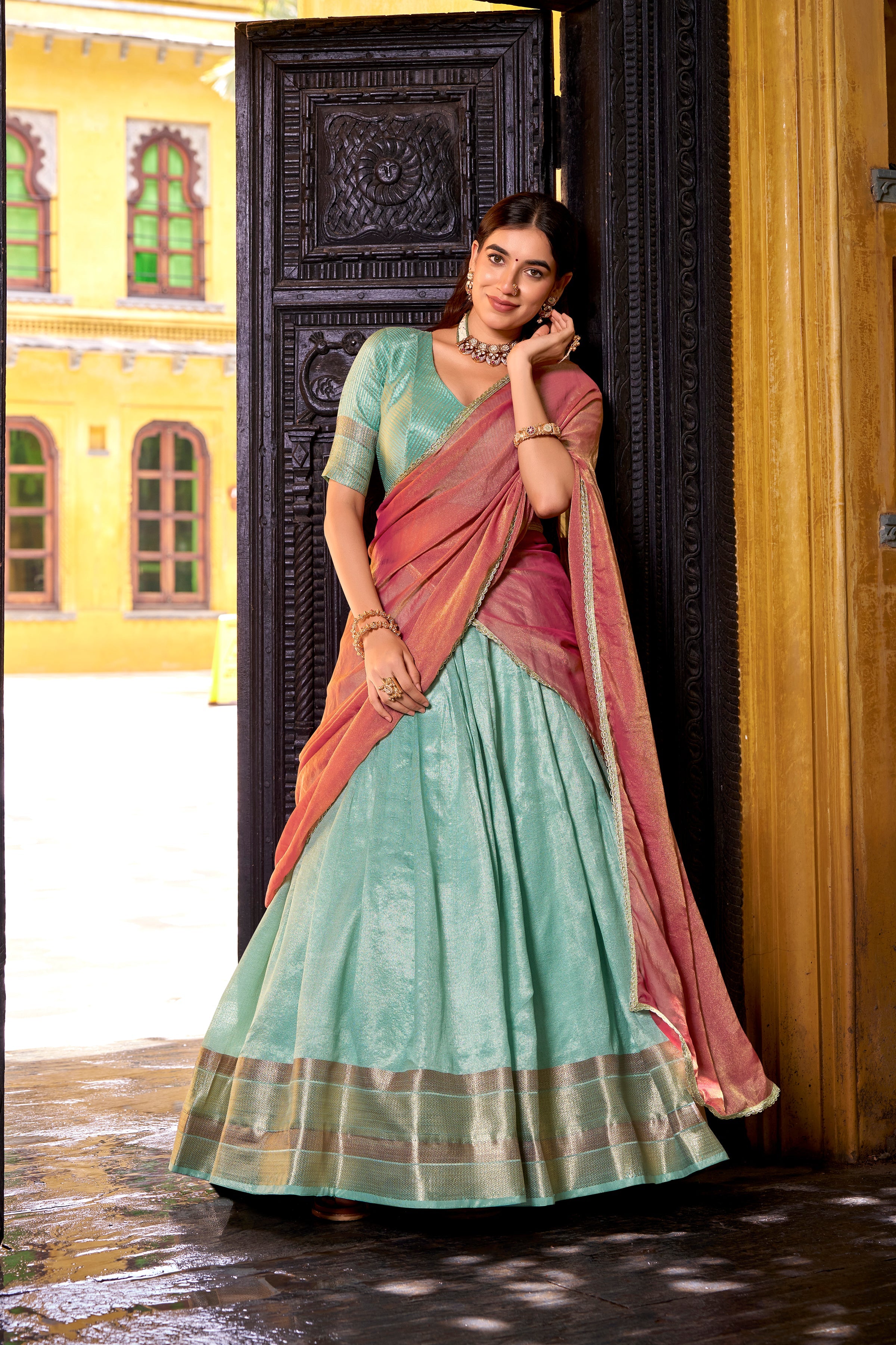 Aadhya sky blue dupion silk zari weaving half saree lehenga