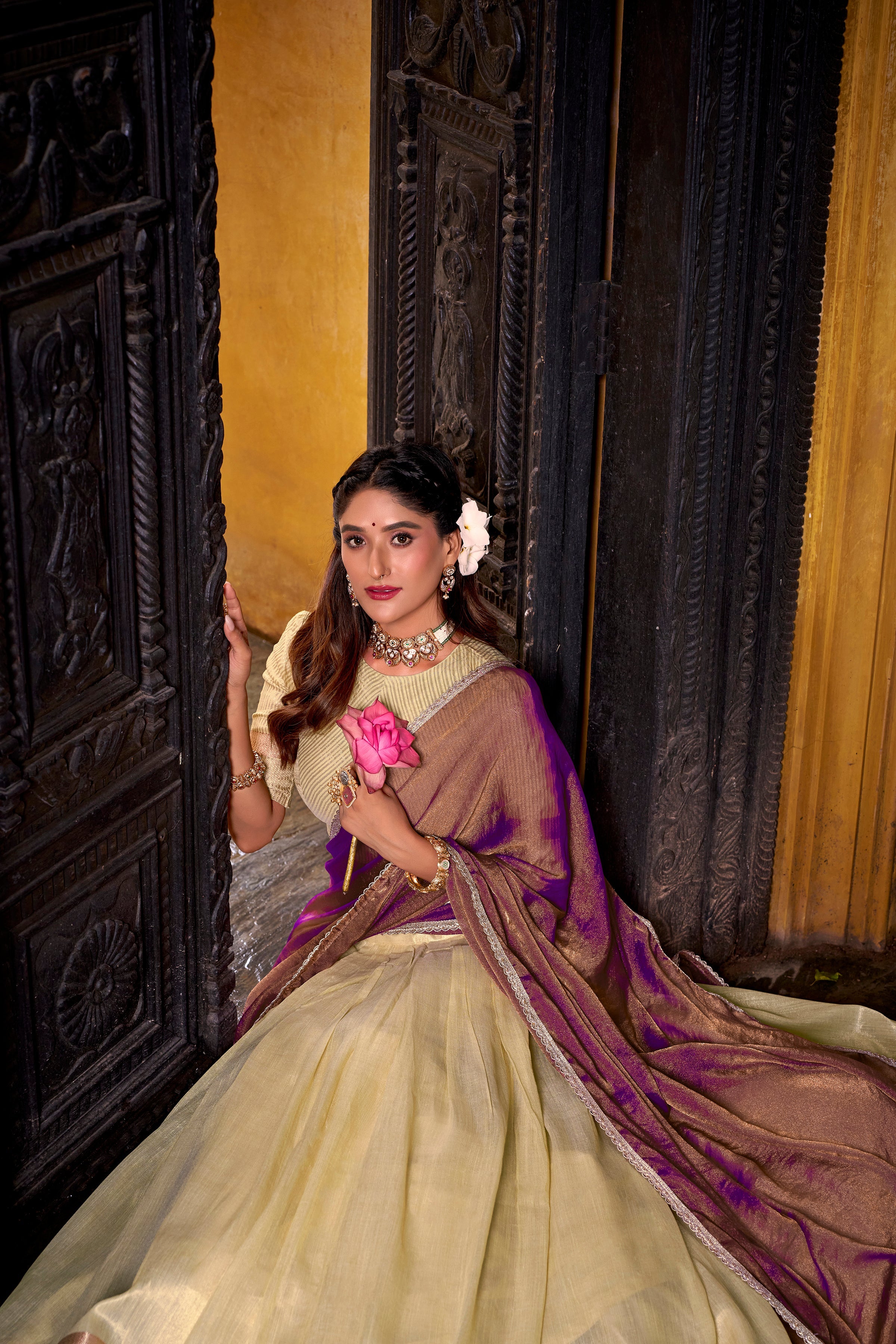 Aadhya yellow dupion silk zari weaving half saree lehenga