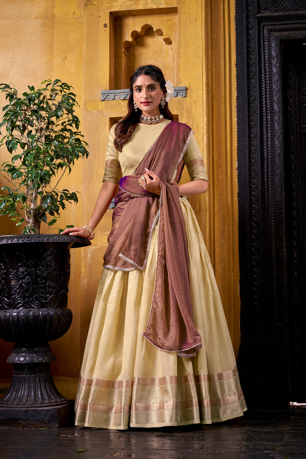 Aadhya yellow dupion silk zari weaving half saree lehenga