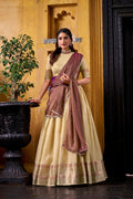 Aadhya yellow dupion silk zari weaving half saree lehenga