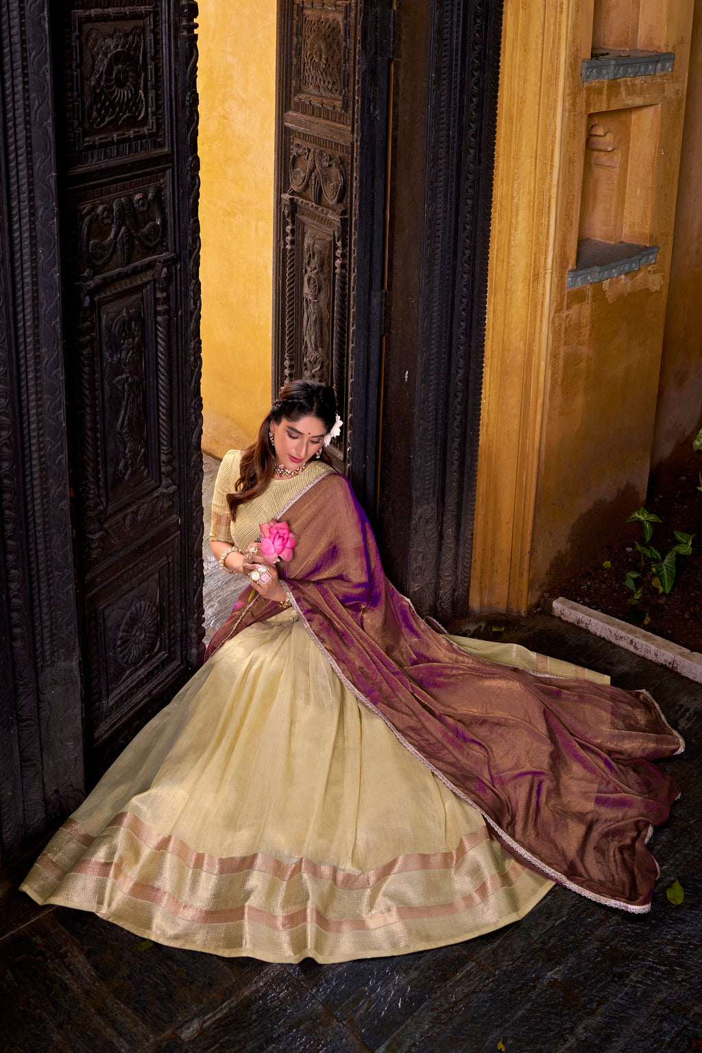 Aadhya yellow dupion silk zari weaving half saree lehenga
