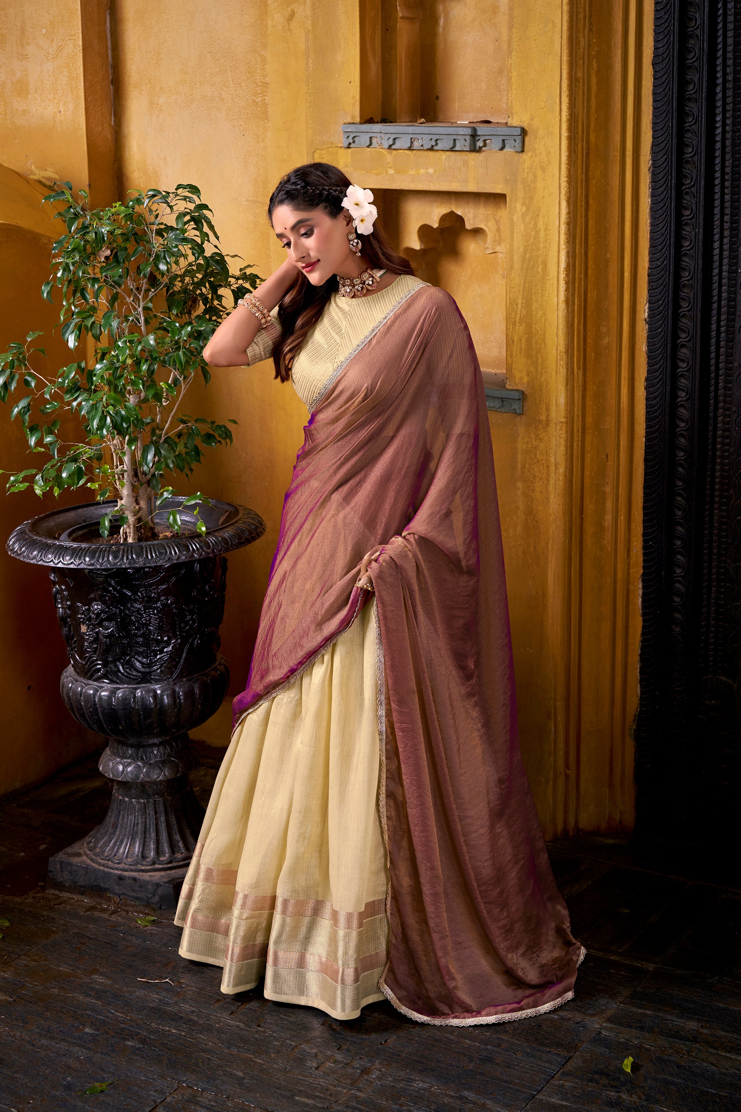 Aadhya yellow dupion silk zari weaving half saree lehenga