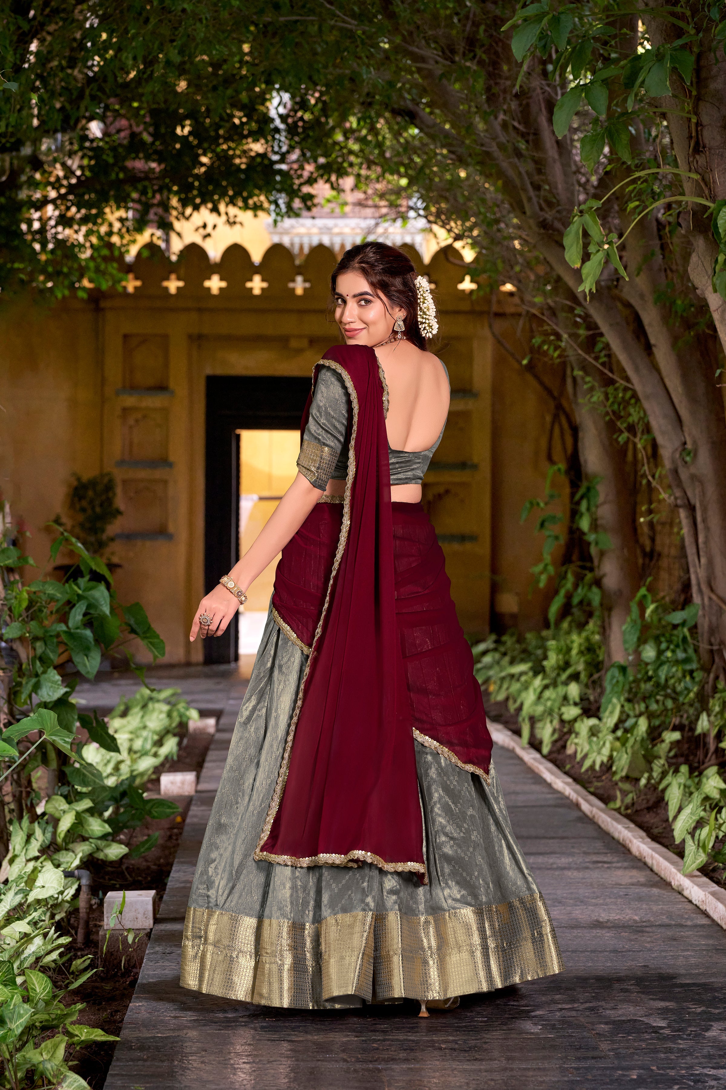 Suvarna grey dupion silk half saree lehenga with zari weaving work