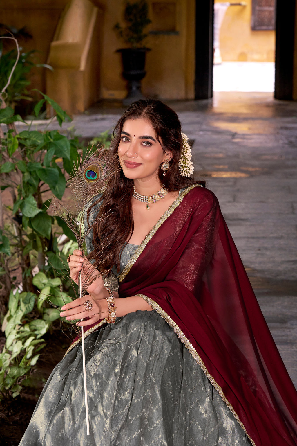 Suvarna grey dupion silk half saree lehenga with zari weaving work