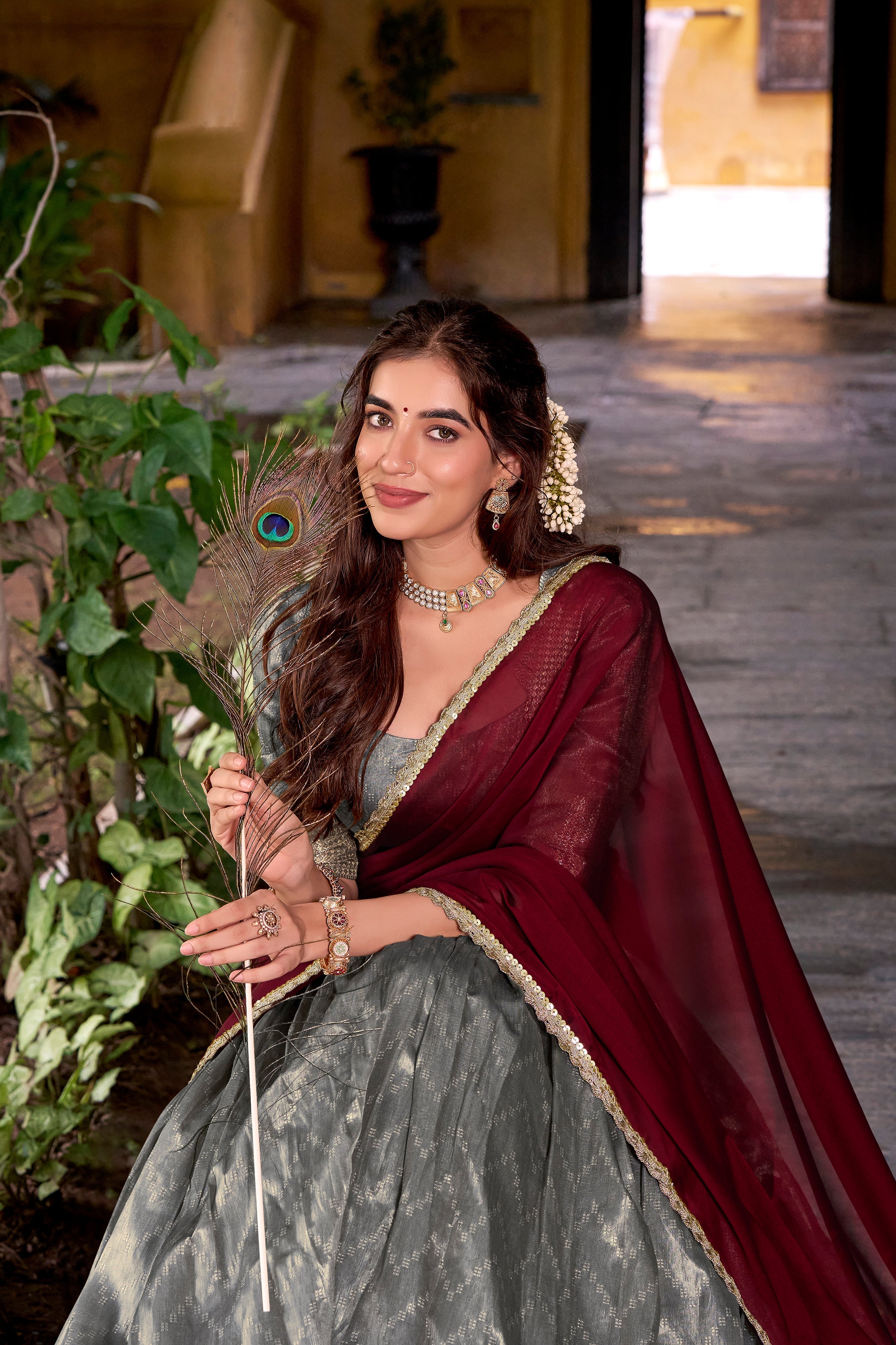 Suvarna grey dupion silk half saree lehenga with zari weaving work
