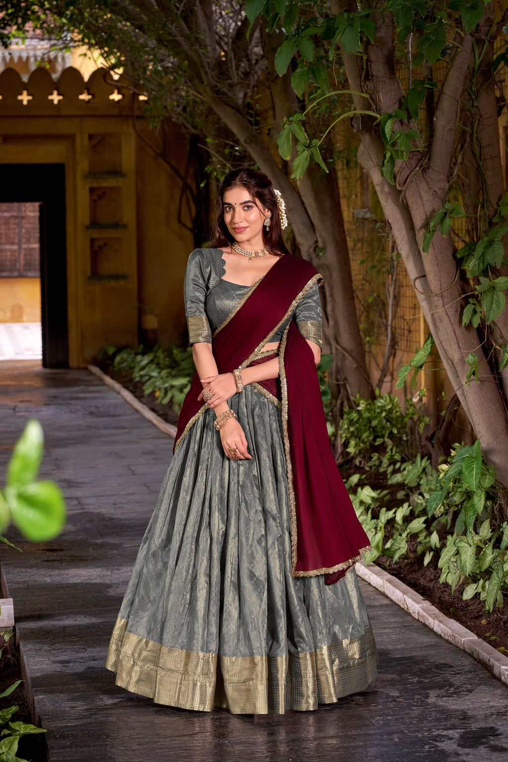 Suvarna grey dupion silk half saree lehenga with zari weaving work