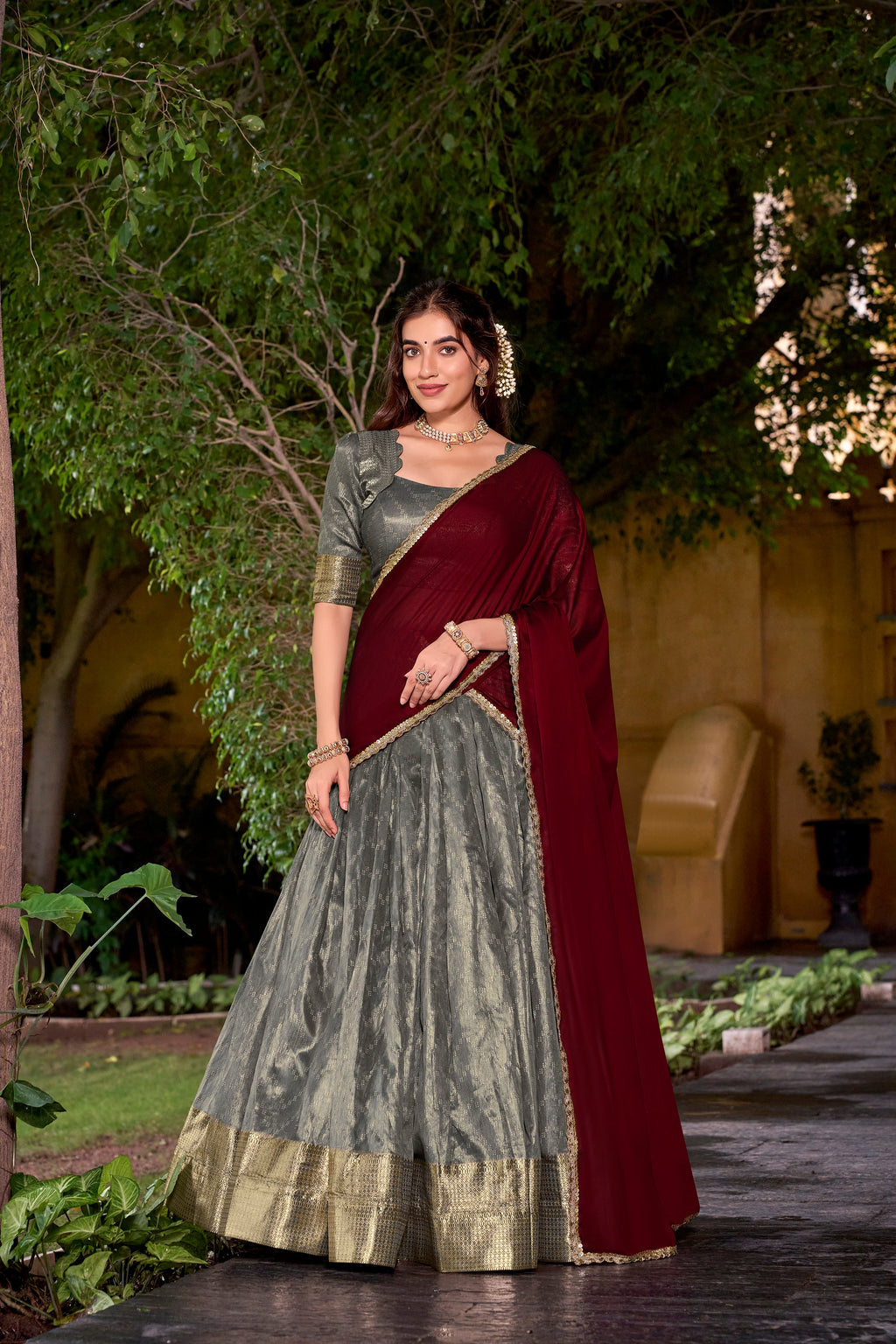 Suvarna grey dupion silk half saree lehenga with zari weaving work