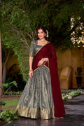 Suvarna grey dupion silk half saree lehenga with zari weaving work