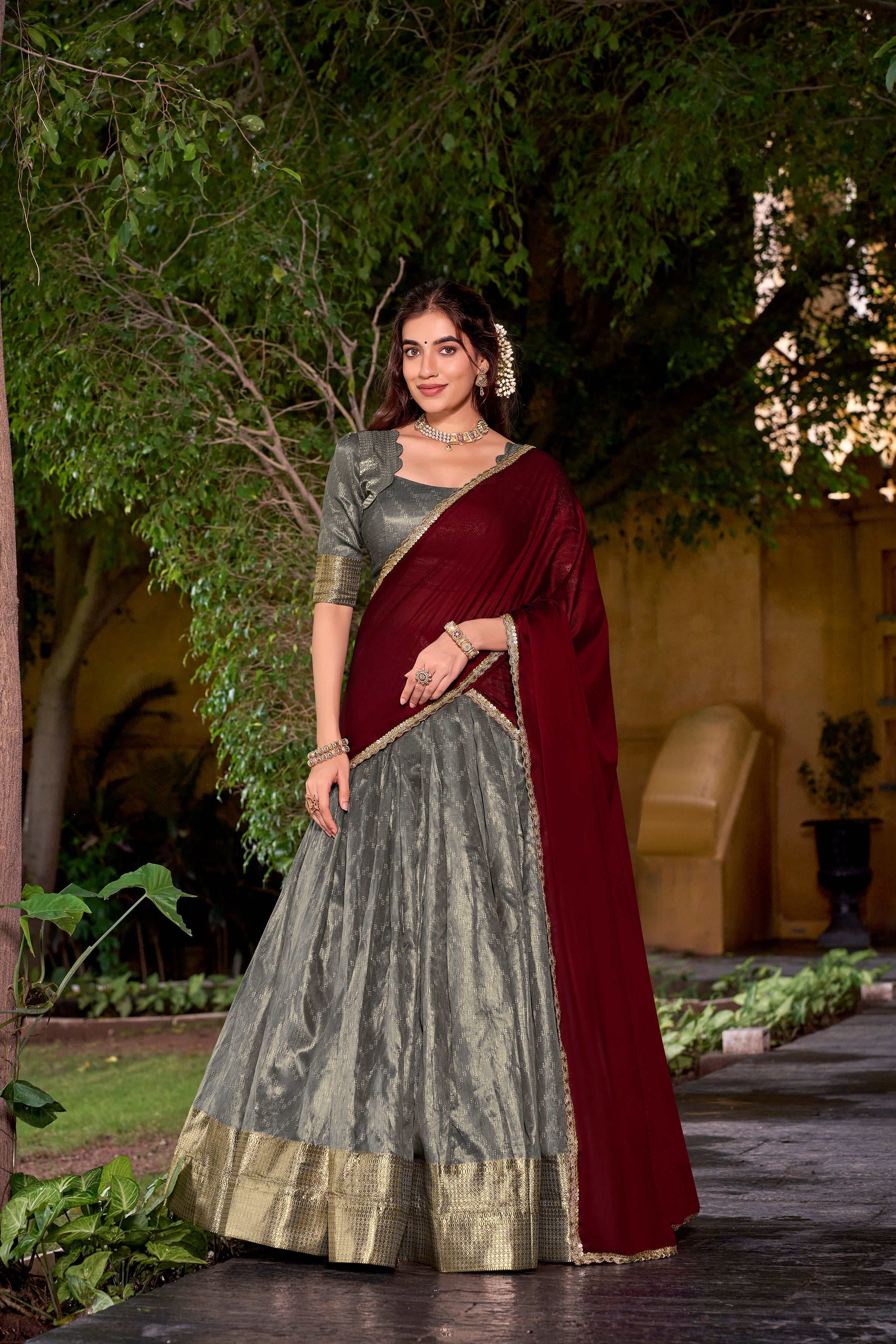 Suvarna grey dupion silk half saree lehenga with zari weaving work